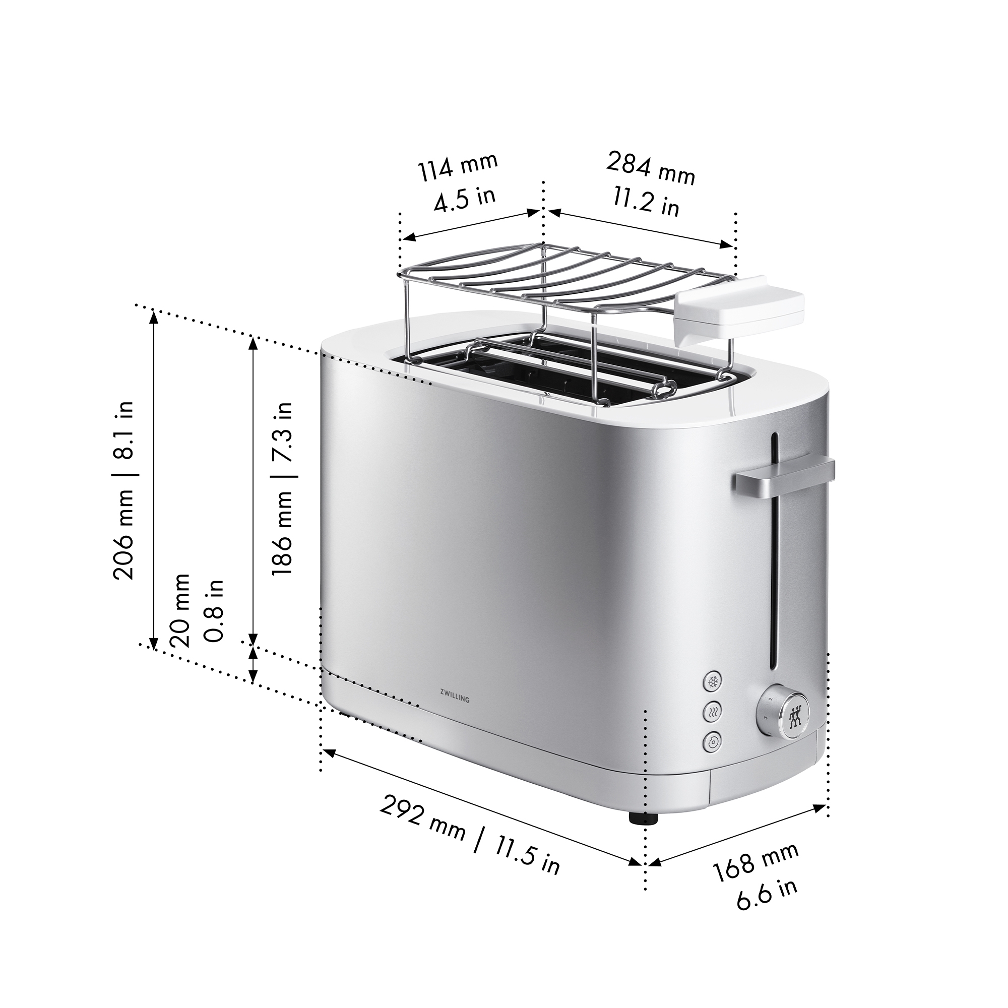 ZWILLING - Toaster mit Brötchenaufsatz | ENFINIGY | 2 Schlitze kurz | Silber
