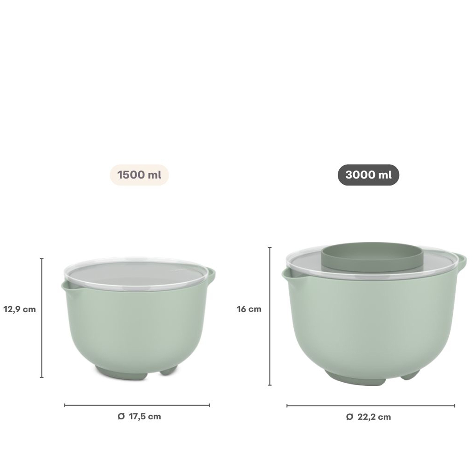 Zwei grüne Rührschüsseln mit Deckel, 1,5 l und 3 l