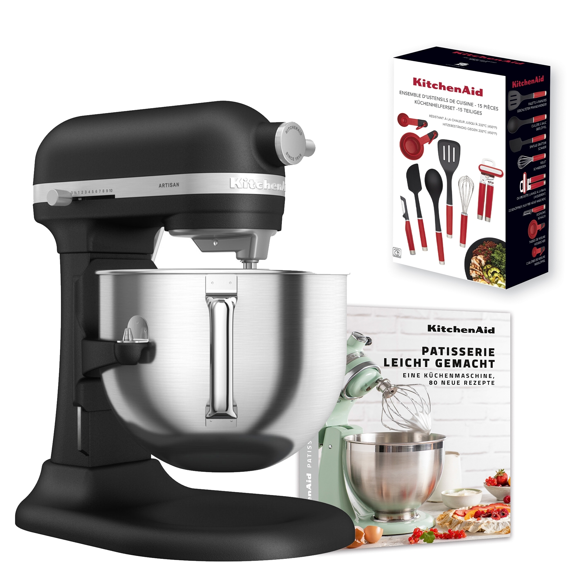 KitchenAid - Set Küchenmaschine 6,6 L + 15 tlg. Küchenhelfer-Set + Rezeptbuch „Patisserie leichtgemacht“ - Gusseisen Schwarz