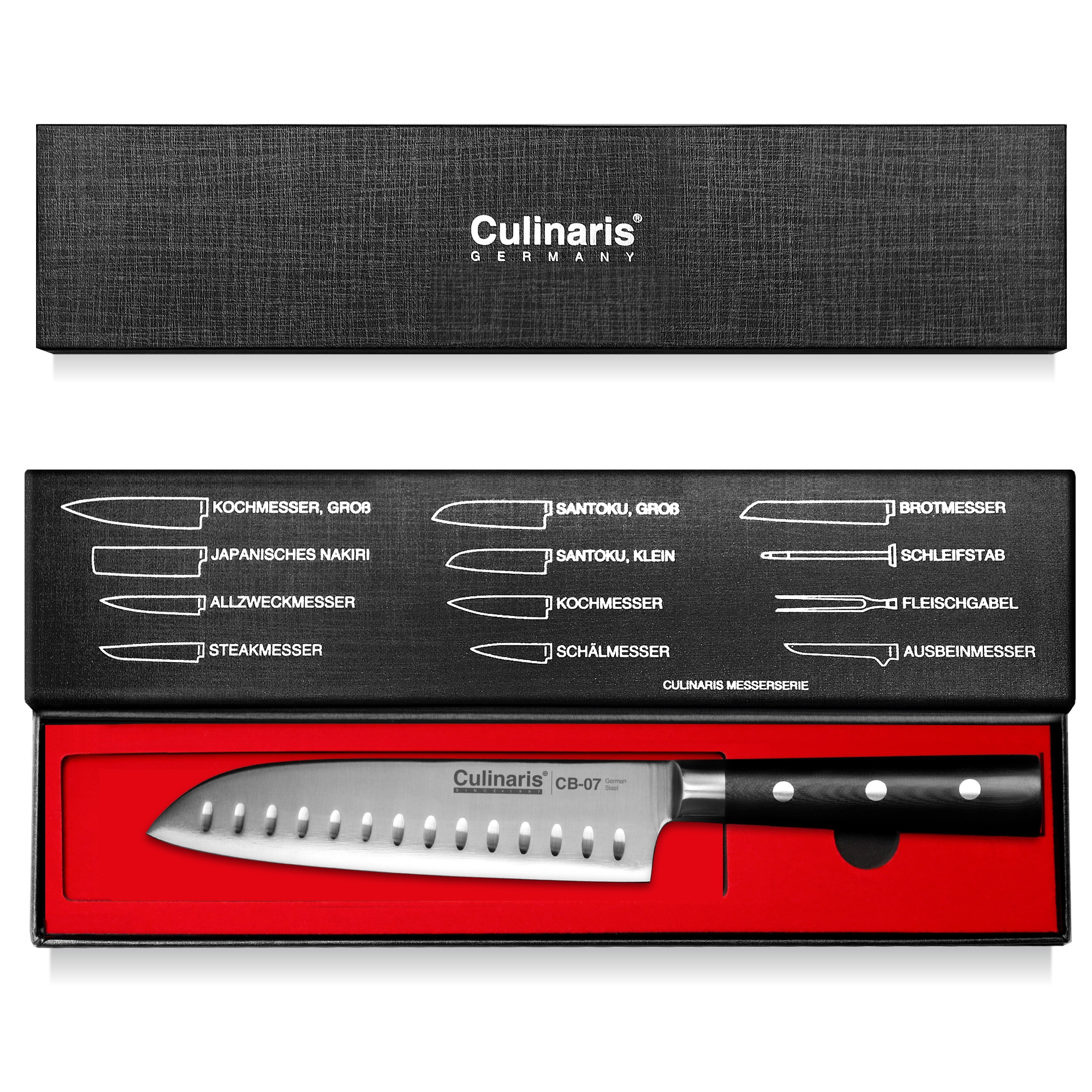 Culinaris - Messer-Set - Santoku CB-07 + Schälmesser CB-01 + Ausbeinmesser CB-05 + Messerblock CB-13