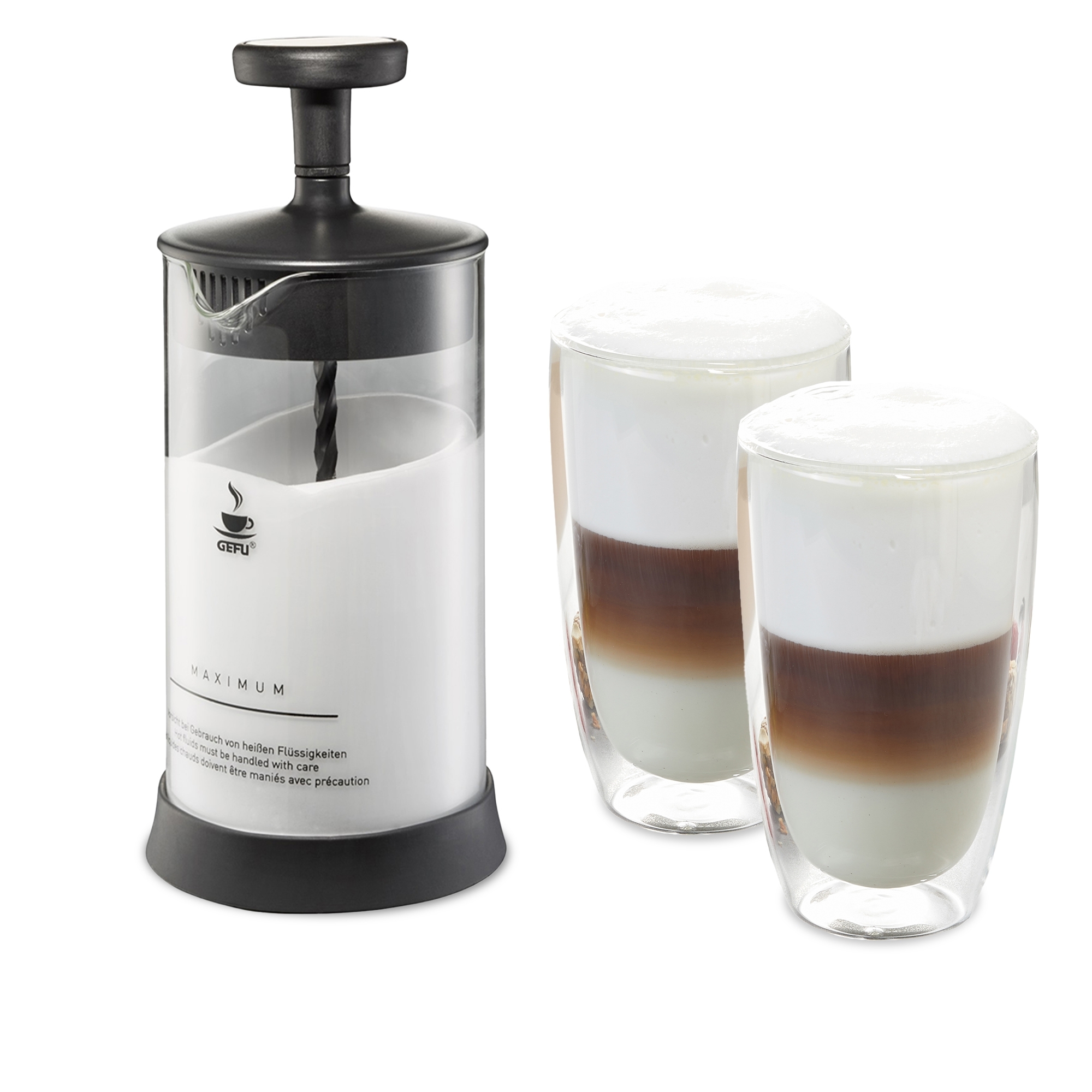 Gefu - Set Milchaufschäumer ANTONIO + 2 Latte Macchiato Gläsern