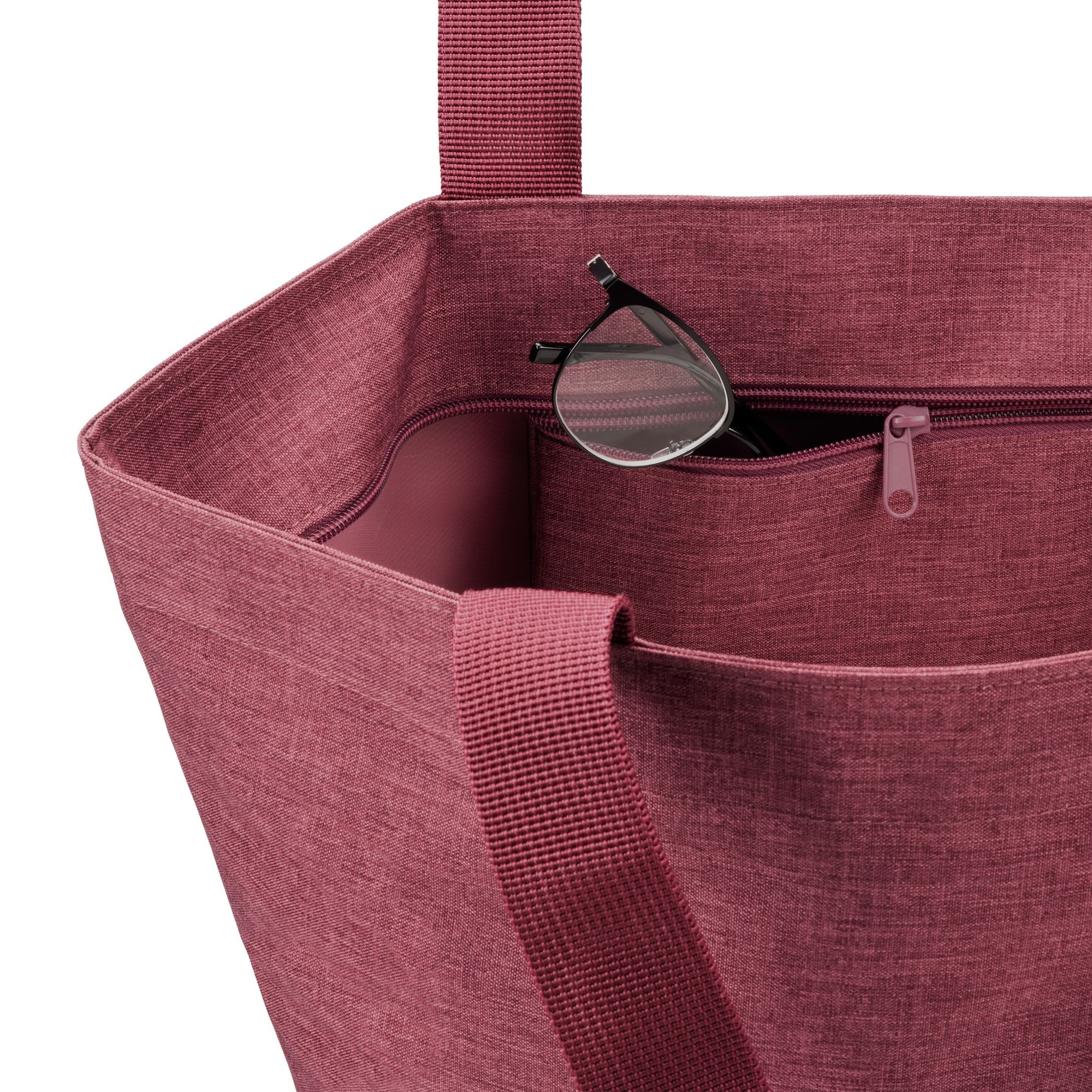 Open burgundy tote bag with inner pocket