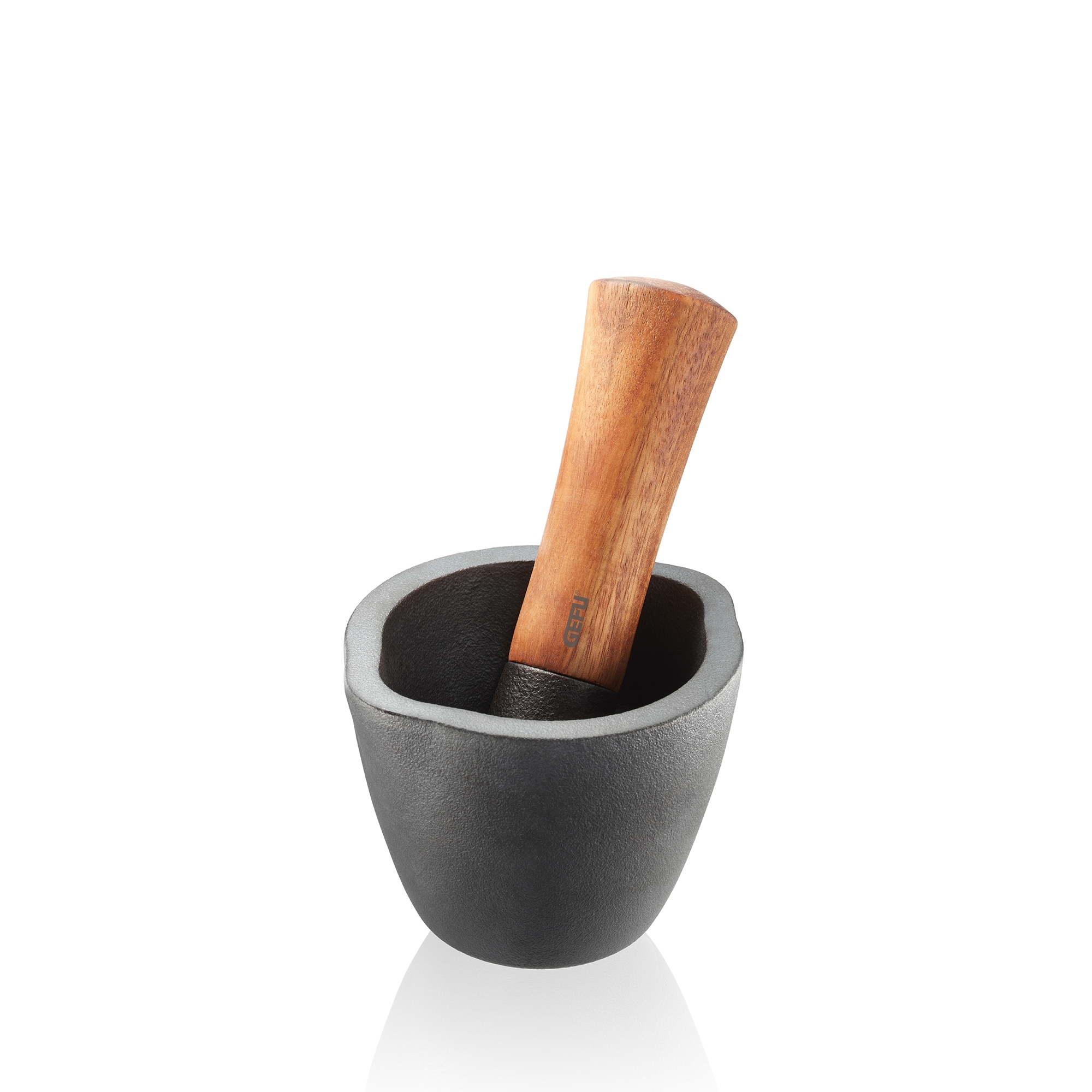 Black cast iron mortar with wooden pestle