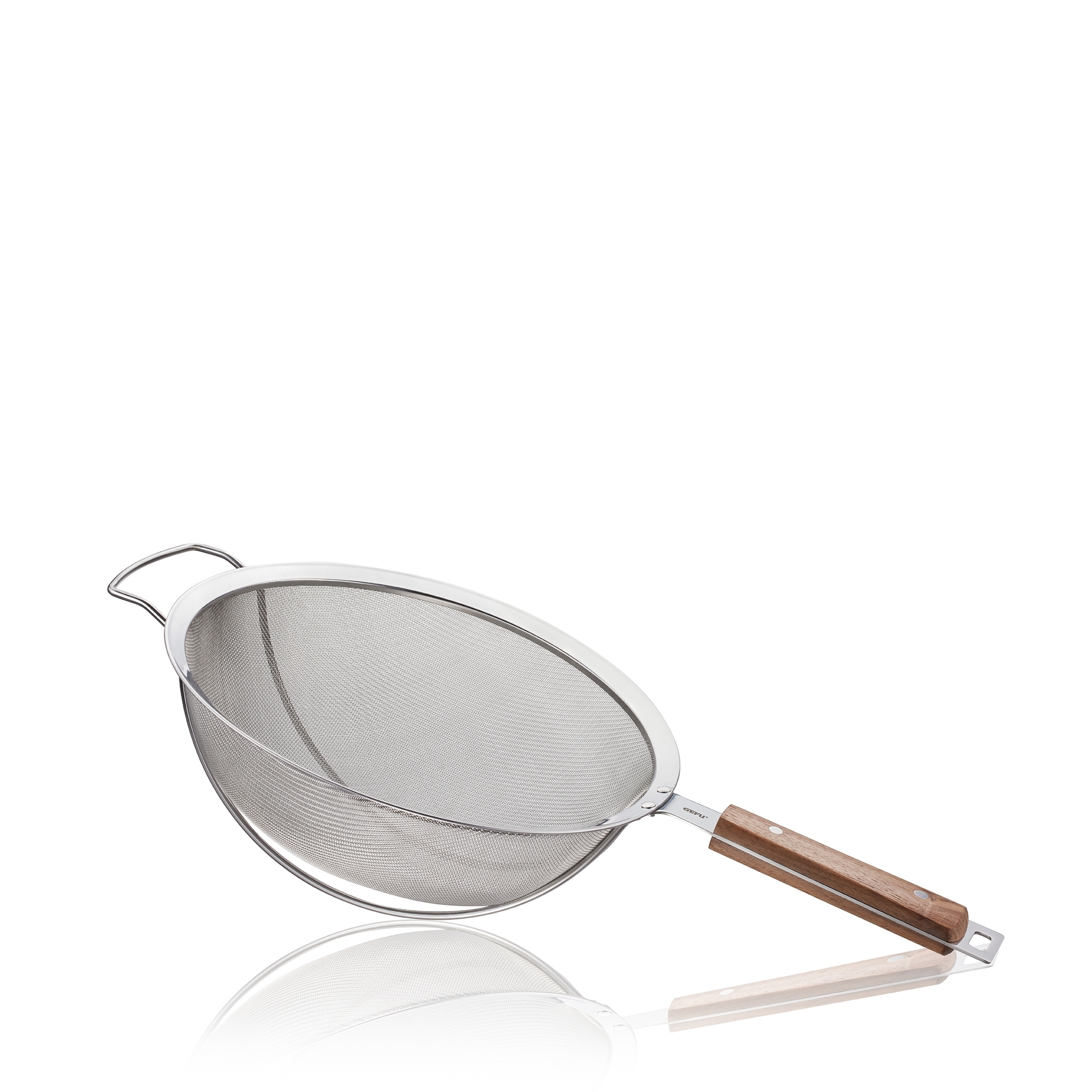 Round stainless steel sieve with wooden handle