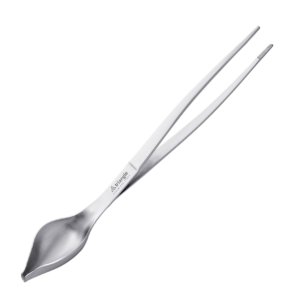 Silver stainless steel decorating tweezer with spoon tip
