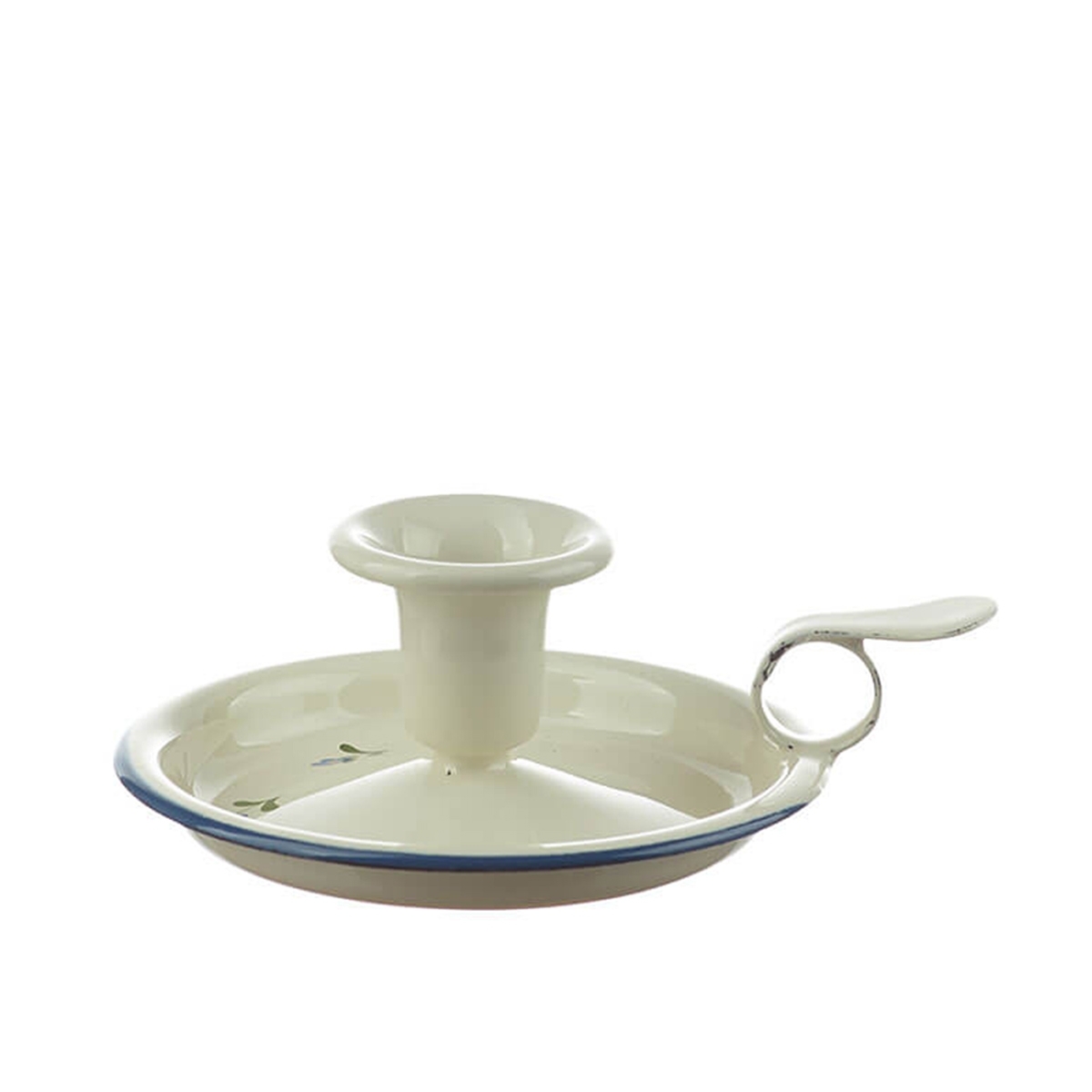 Münder Email - Kerzenleuchter - Creme mit blauem Rand und Blümchendekor Münder Email - Kerzenleuchter - Creme mit blauem Rand und Blümchendekor