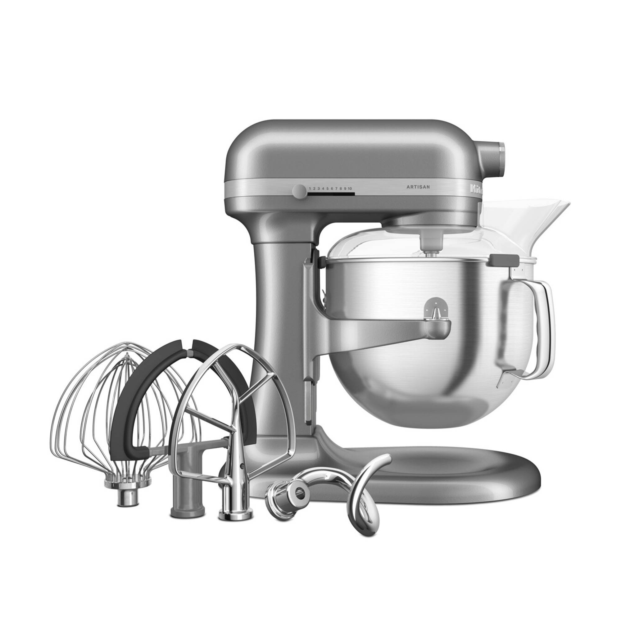 KitchenAid - Set Küchenmaschine 6,6 L + 15 tlg. Küchenhelfer-Set + Rezeptbuch „Patisserie leichtgemacht“ - Kontur Silber
