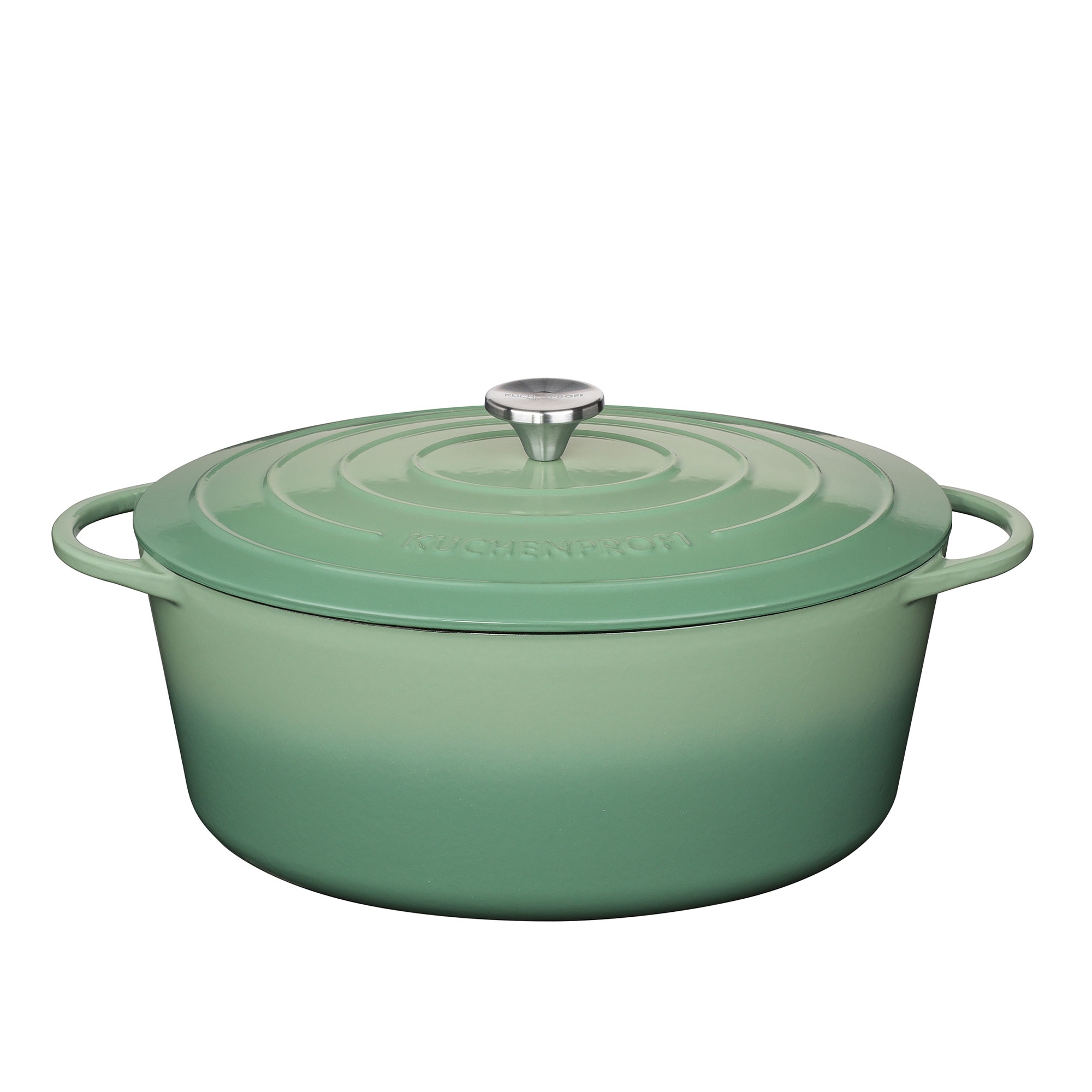Oval green cast iron casserole with lid and handles