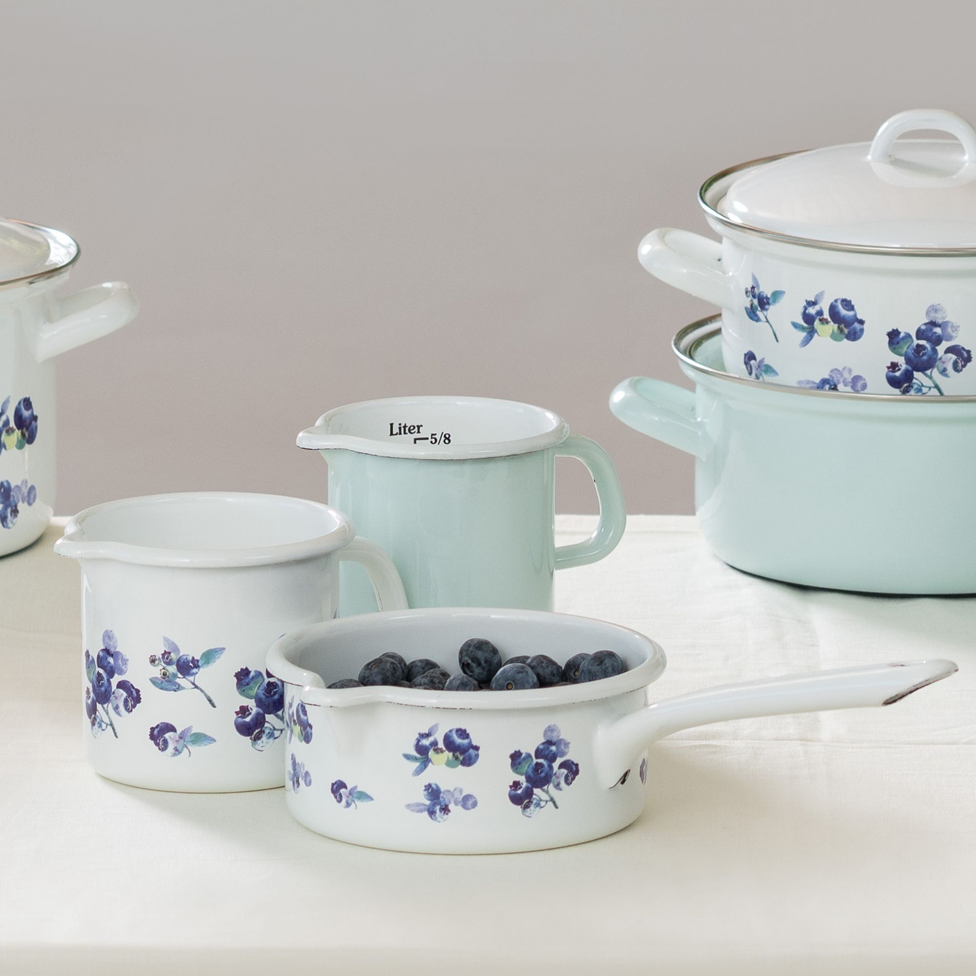 Pastel enamel cookware with blueberry pattern