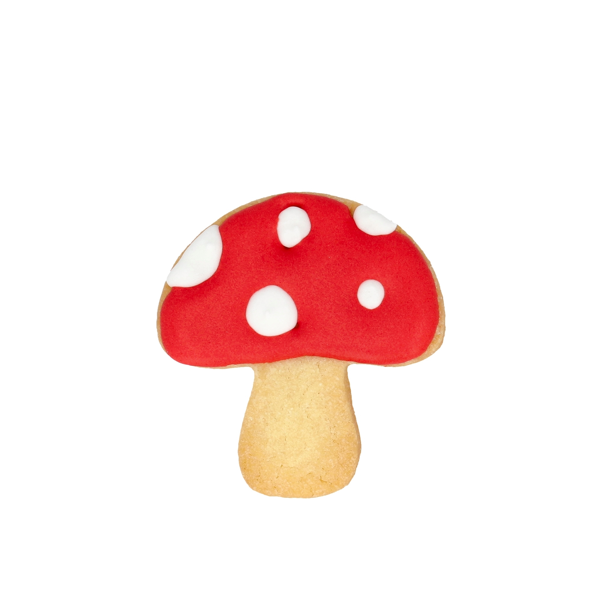 Mushroom biscuit with red icing cut with Birkmann cutter