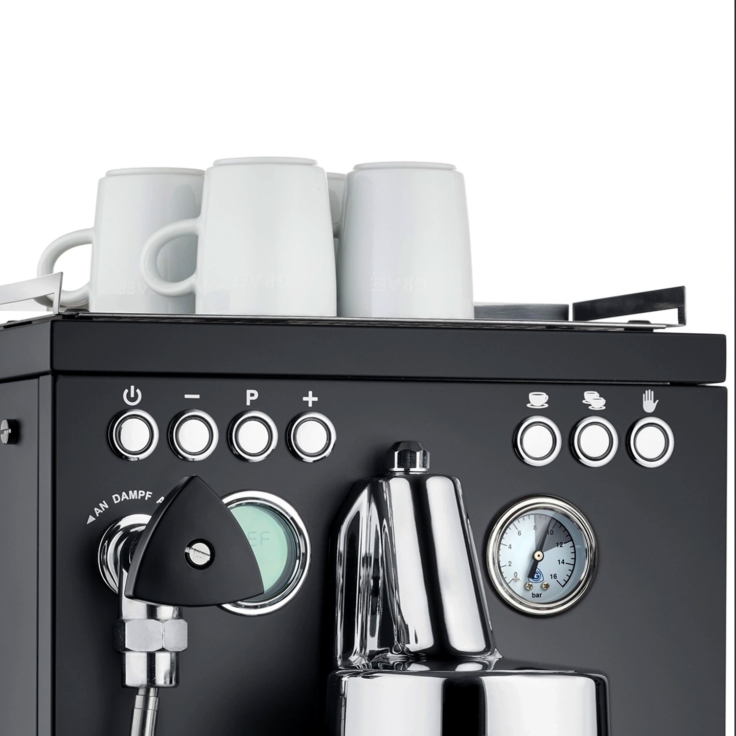 Modern black espresso machine with cups