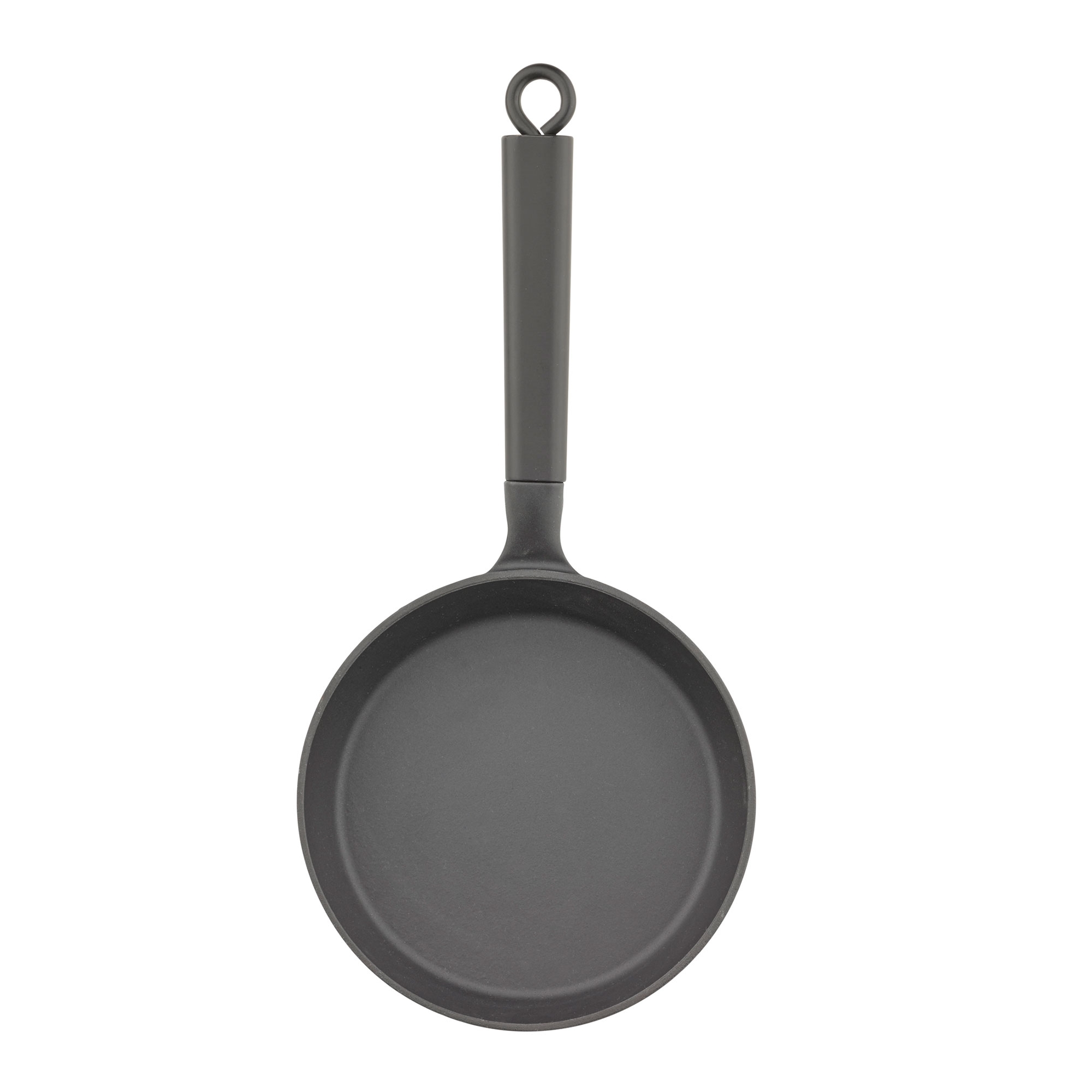 Round black frying pan with handle