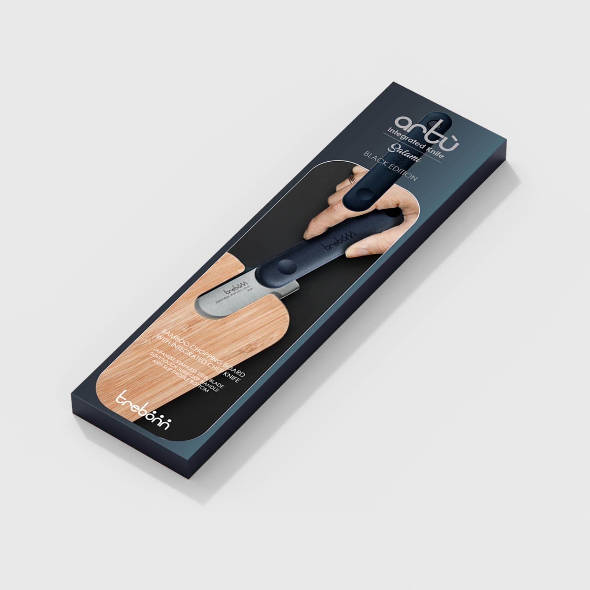 Packaged bamboo chopping board with integrated knife