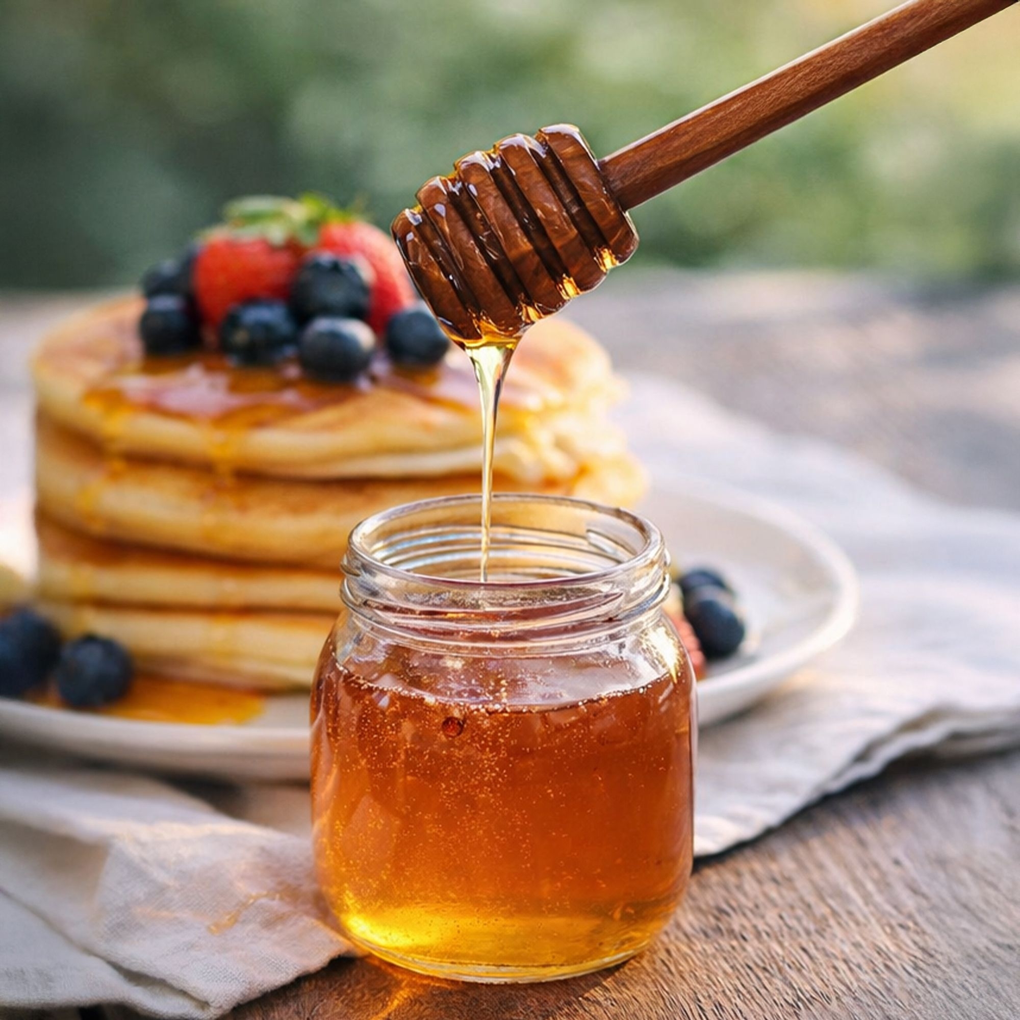 Olive wood honey dipper by Culinaris with honey jar