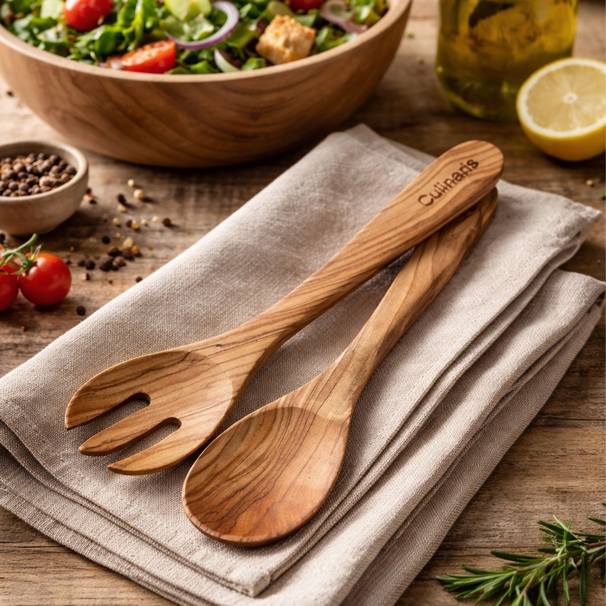 Culinaris curved olive wood salad serving set 30 cm