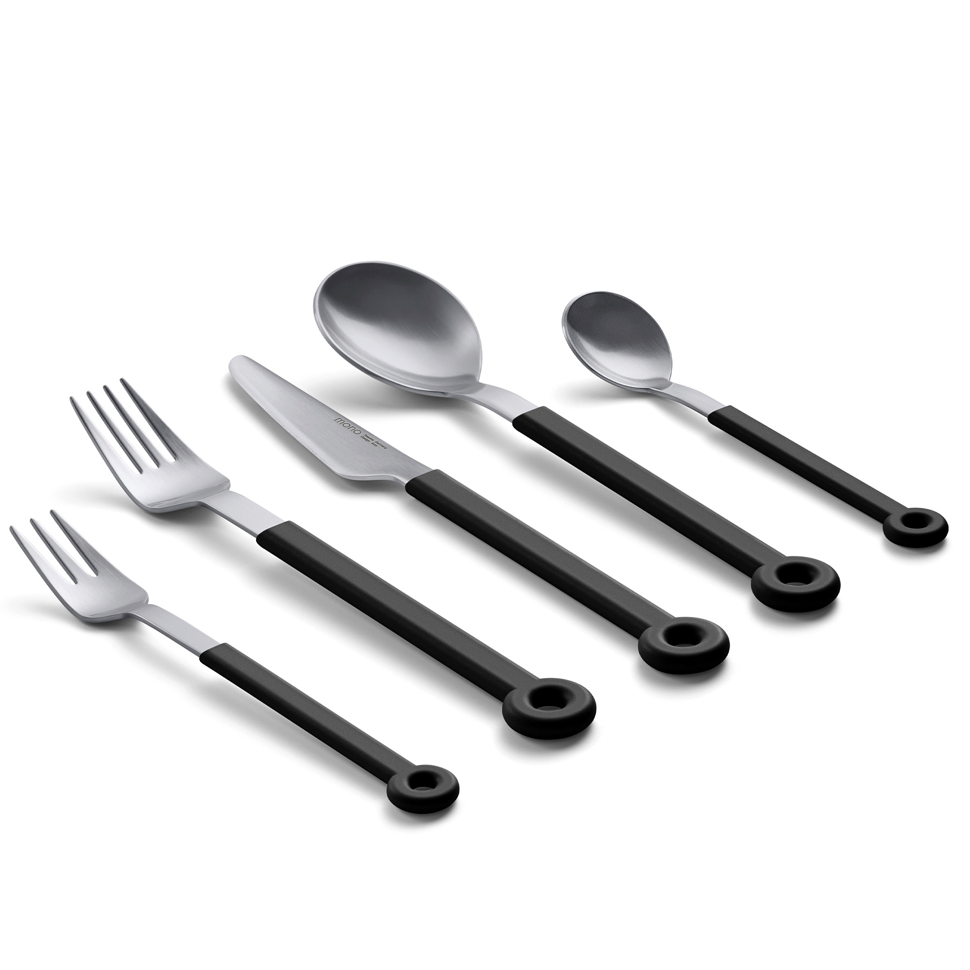 Modernes Besteckset, Messer, Gabeln, Löffel, schwarz