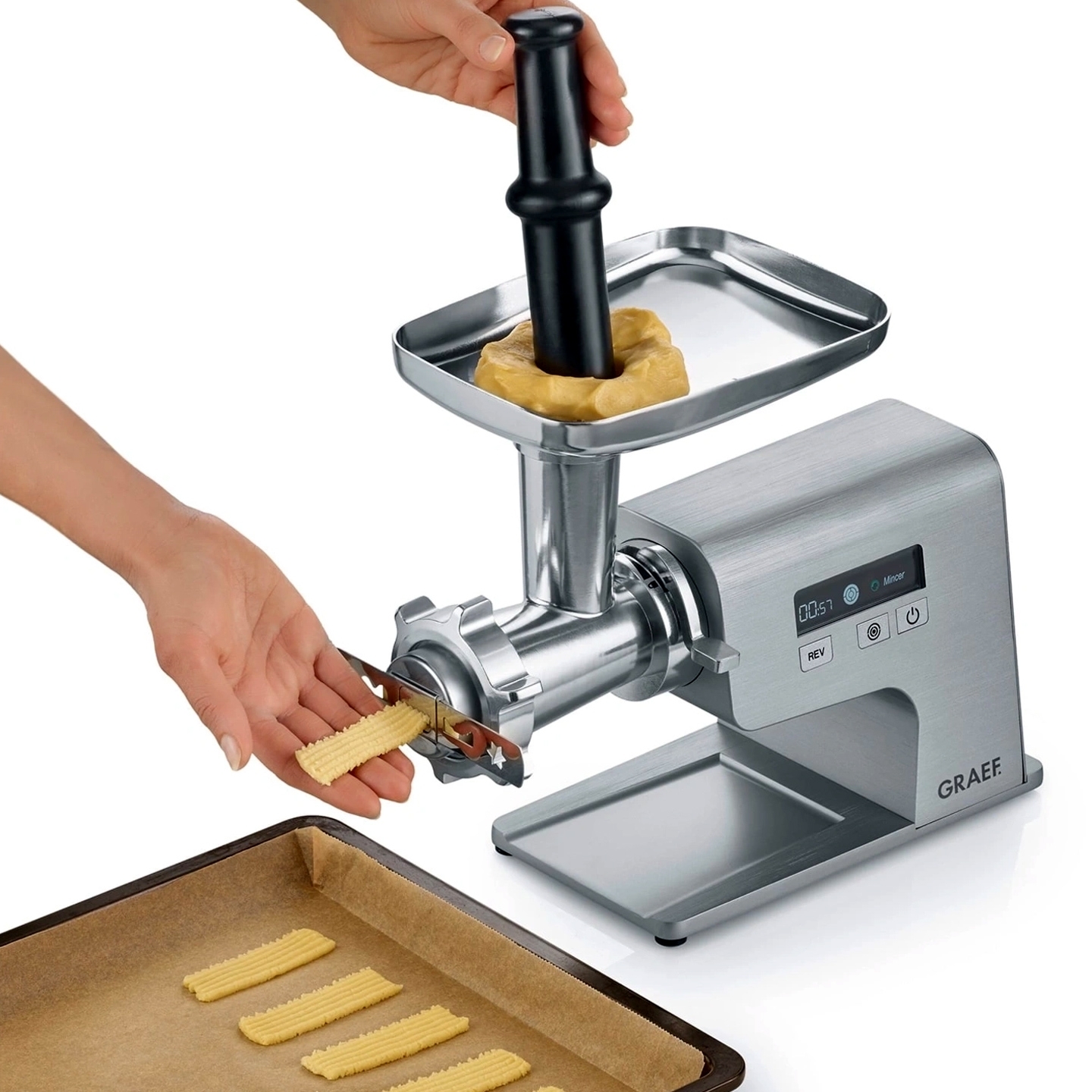 Electric Graef meat grinder with biscuit adapter