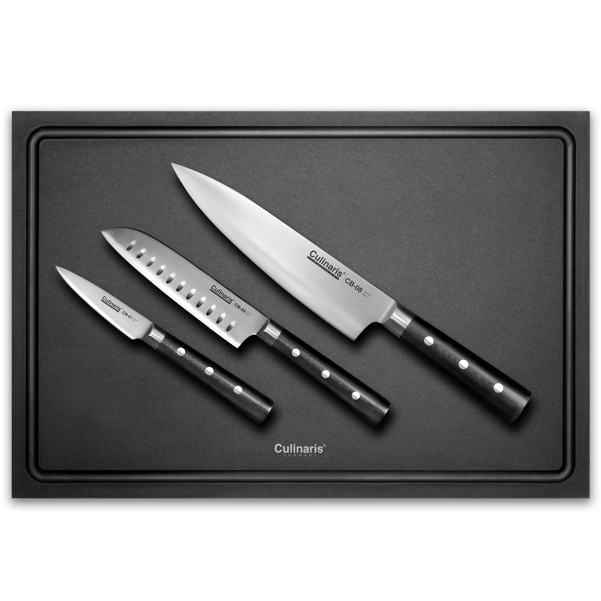 Cutting board NERO + paring knife + santoku knife + chef's knife - 4-pcs. | Culinaris Cutting board NERO + paring knife + santoku knife + chef's knife - 4-pcs. | Culinaris