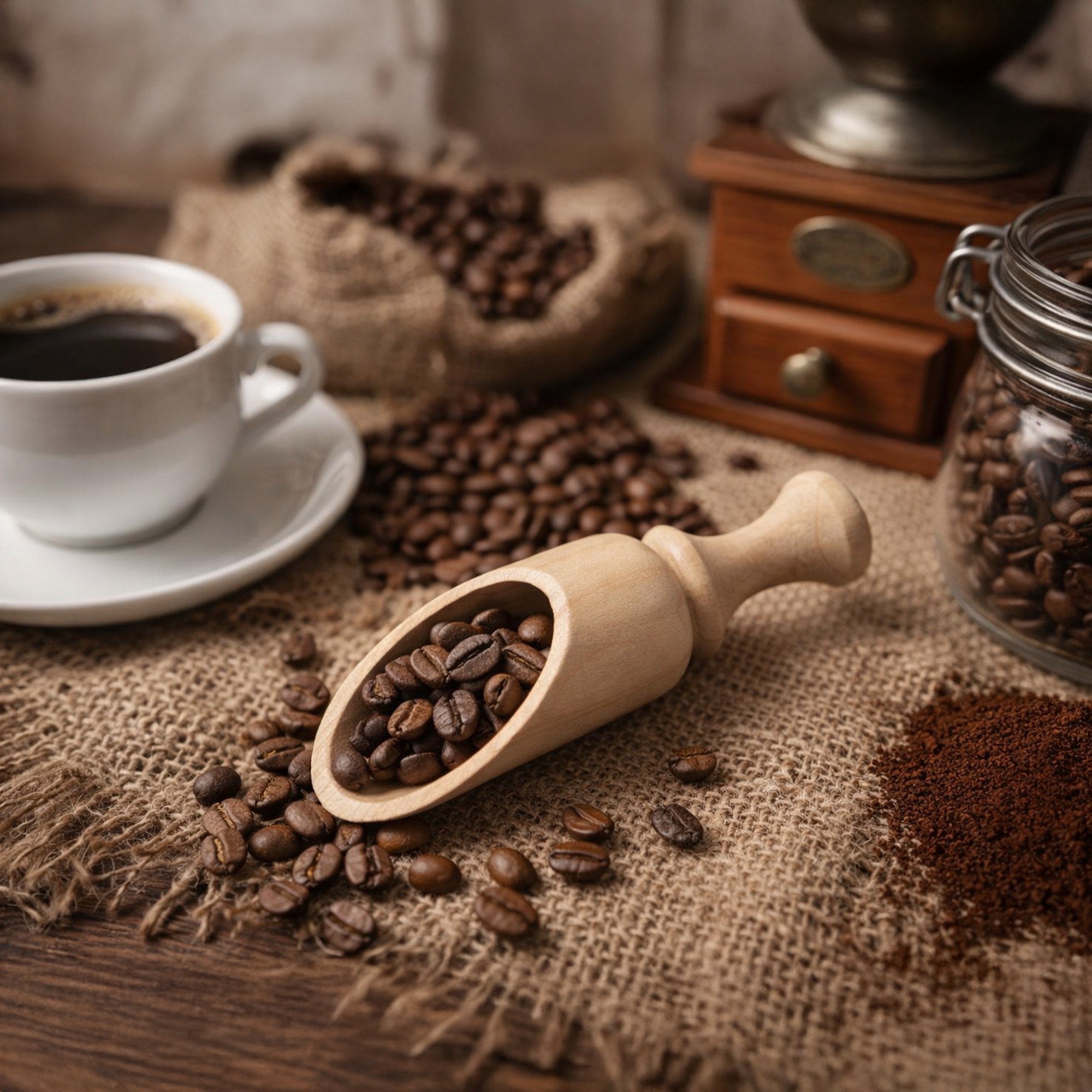 Beechwood coffee scoop filled with beans