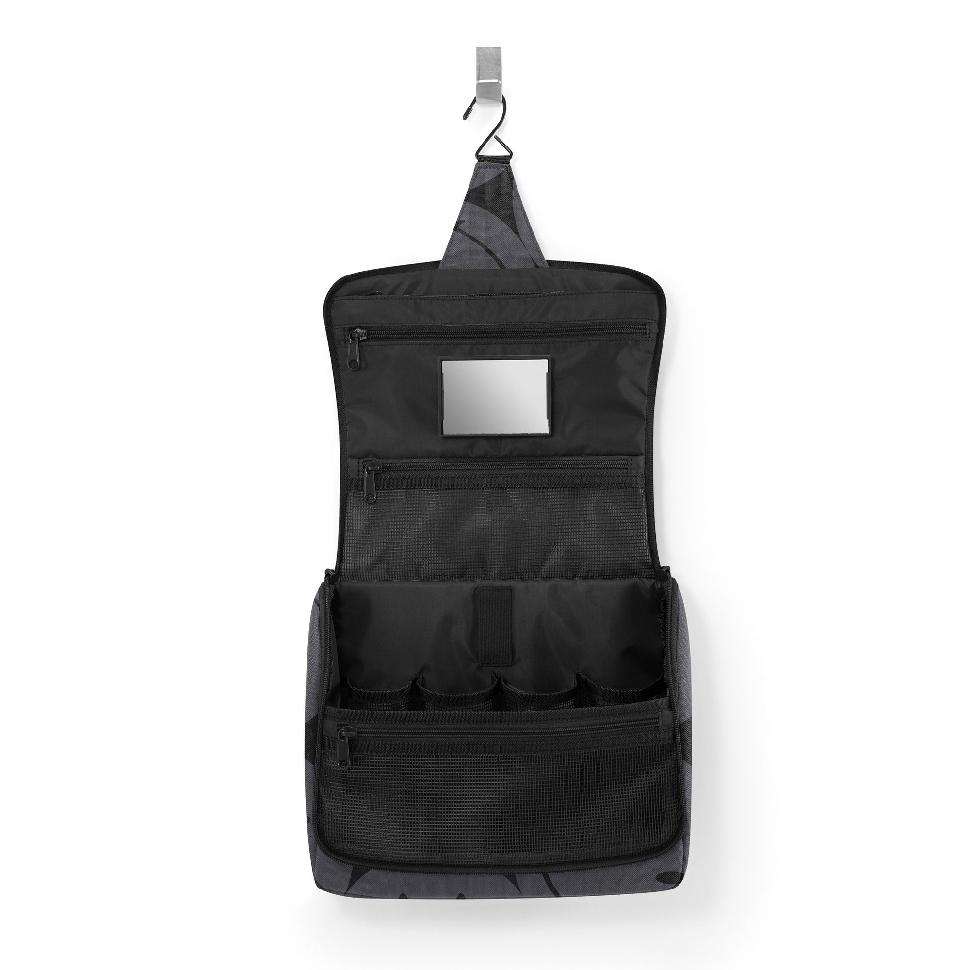 Hanging toiletry bag with mirror and compartments black