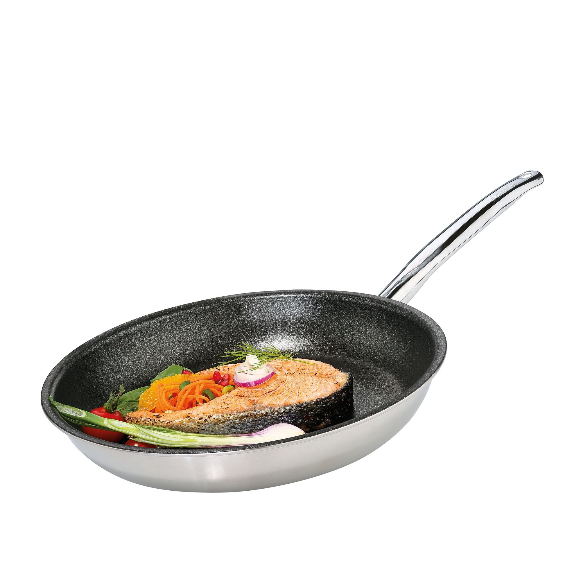 Frying pan with salmon steak and vegetables