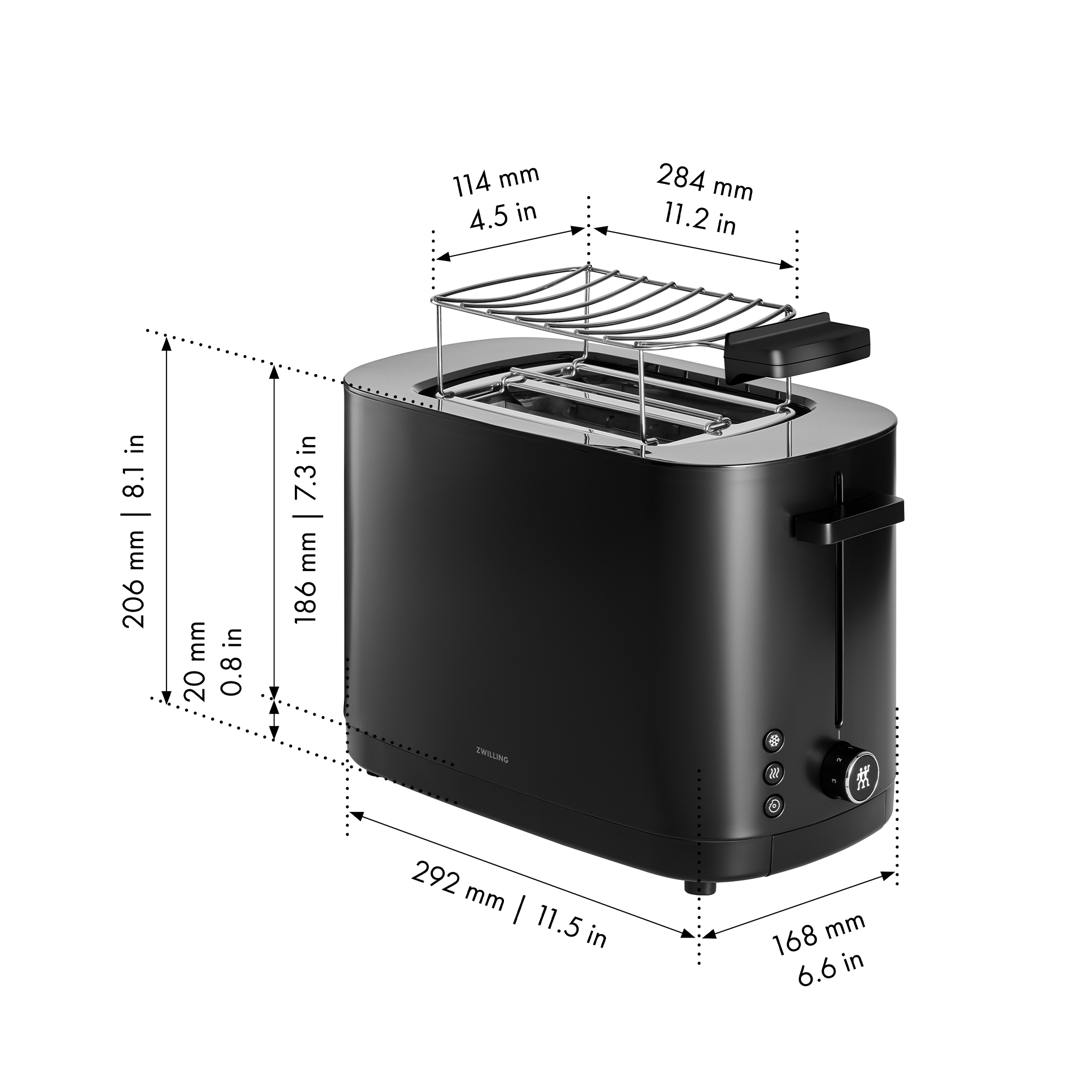 ZWILLING - Toaster mit Brötchenaufsatz | ENFINIGY | 2 Schlitze kurz | Schwarz