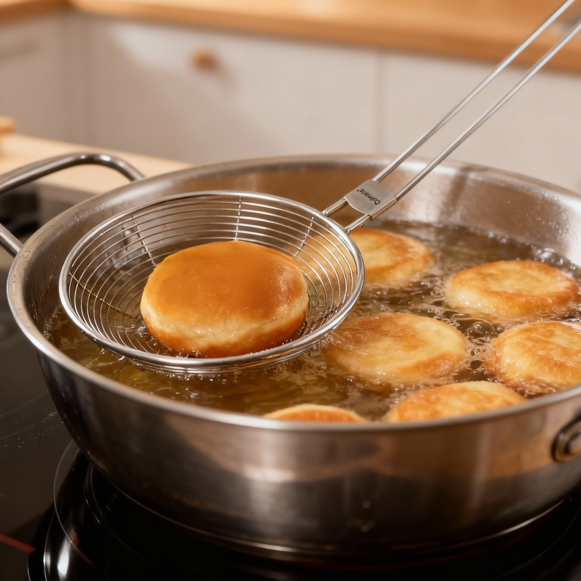 Doughnuts being fried with stainless steel skimmer