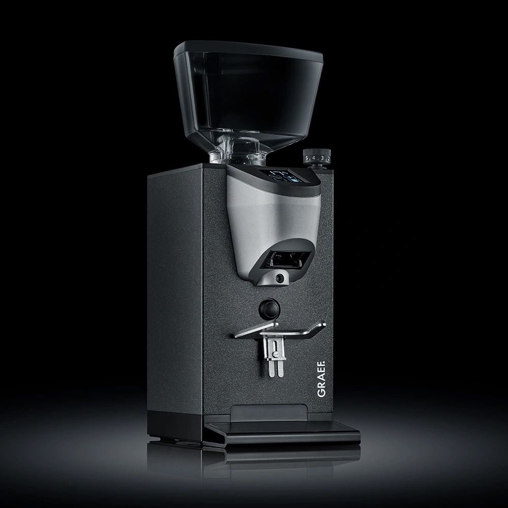 Black Graef coffee grinder with silver grinder unit