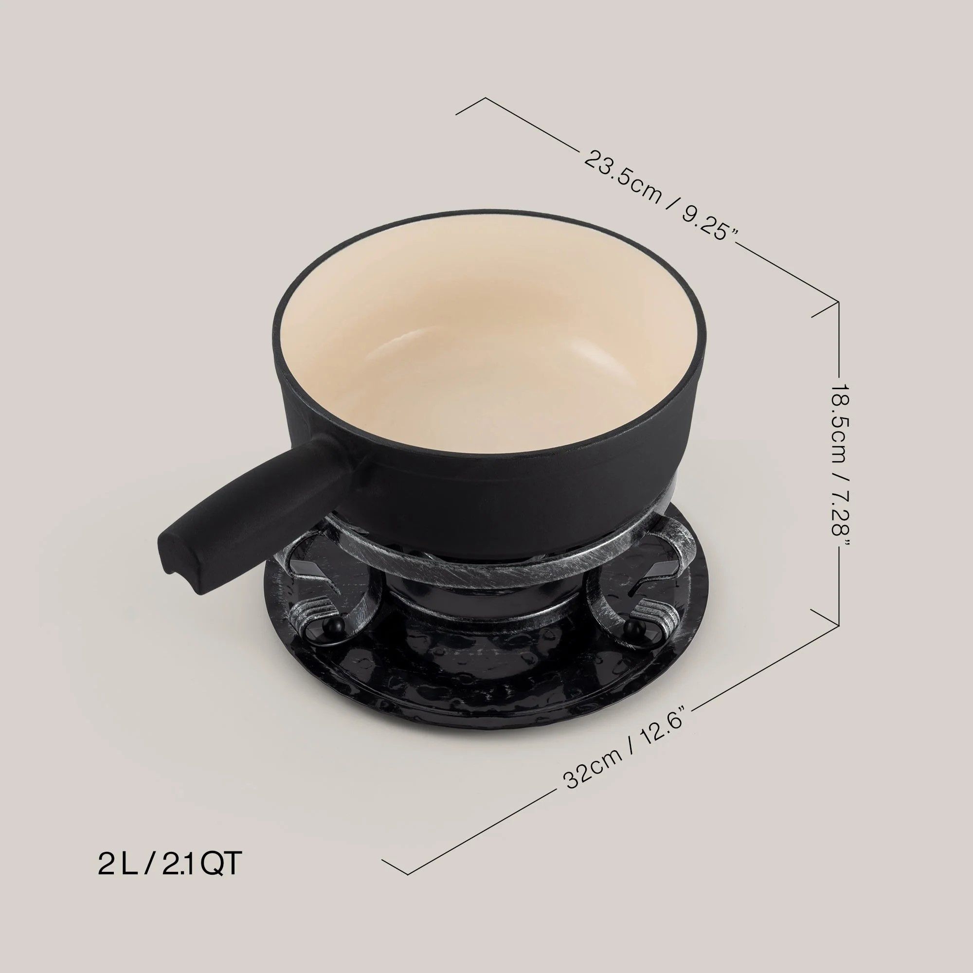 Round black 2L fondue pot with stand
