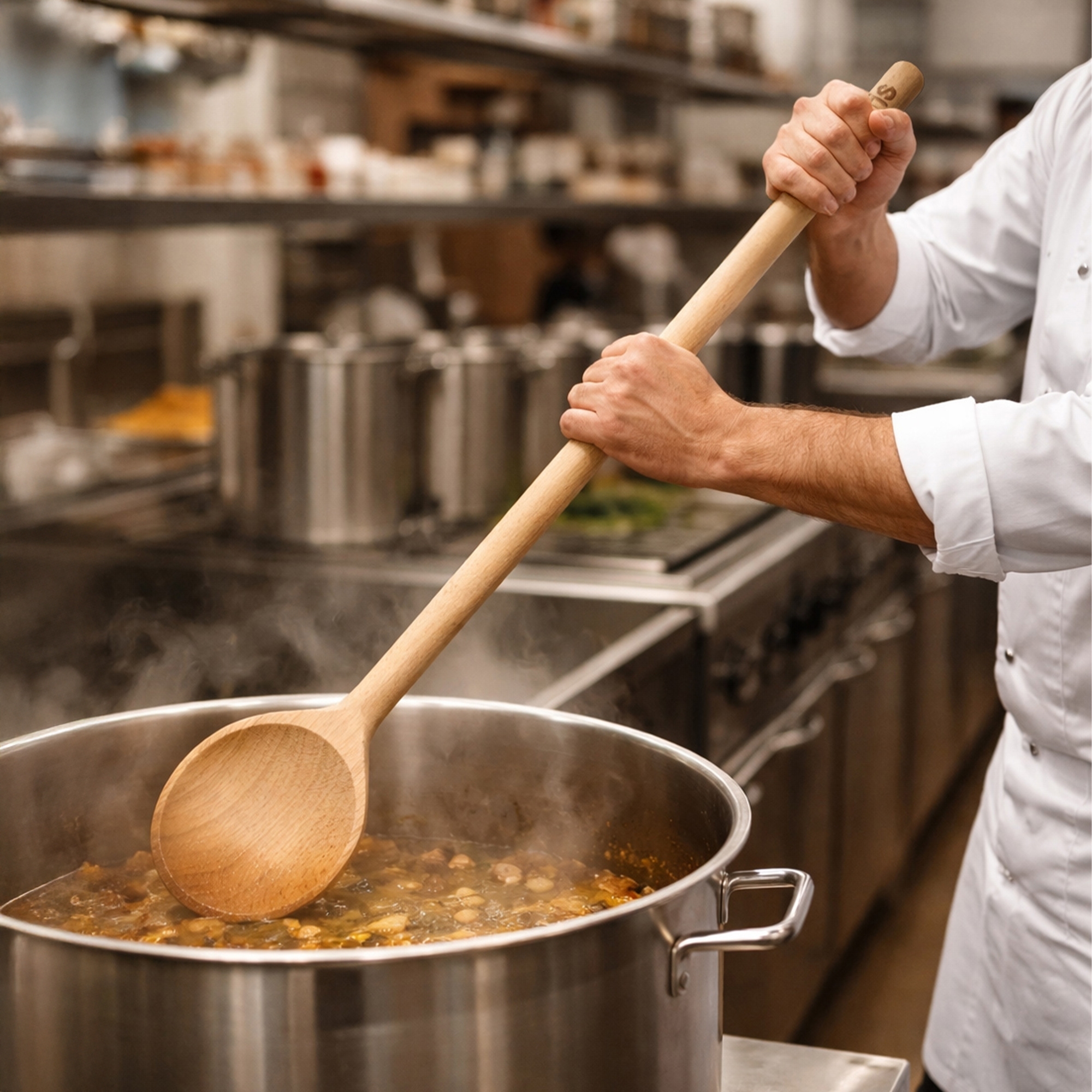 Culinaris 70 cm beechwood large kitchen spoon in use