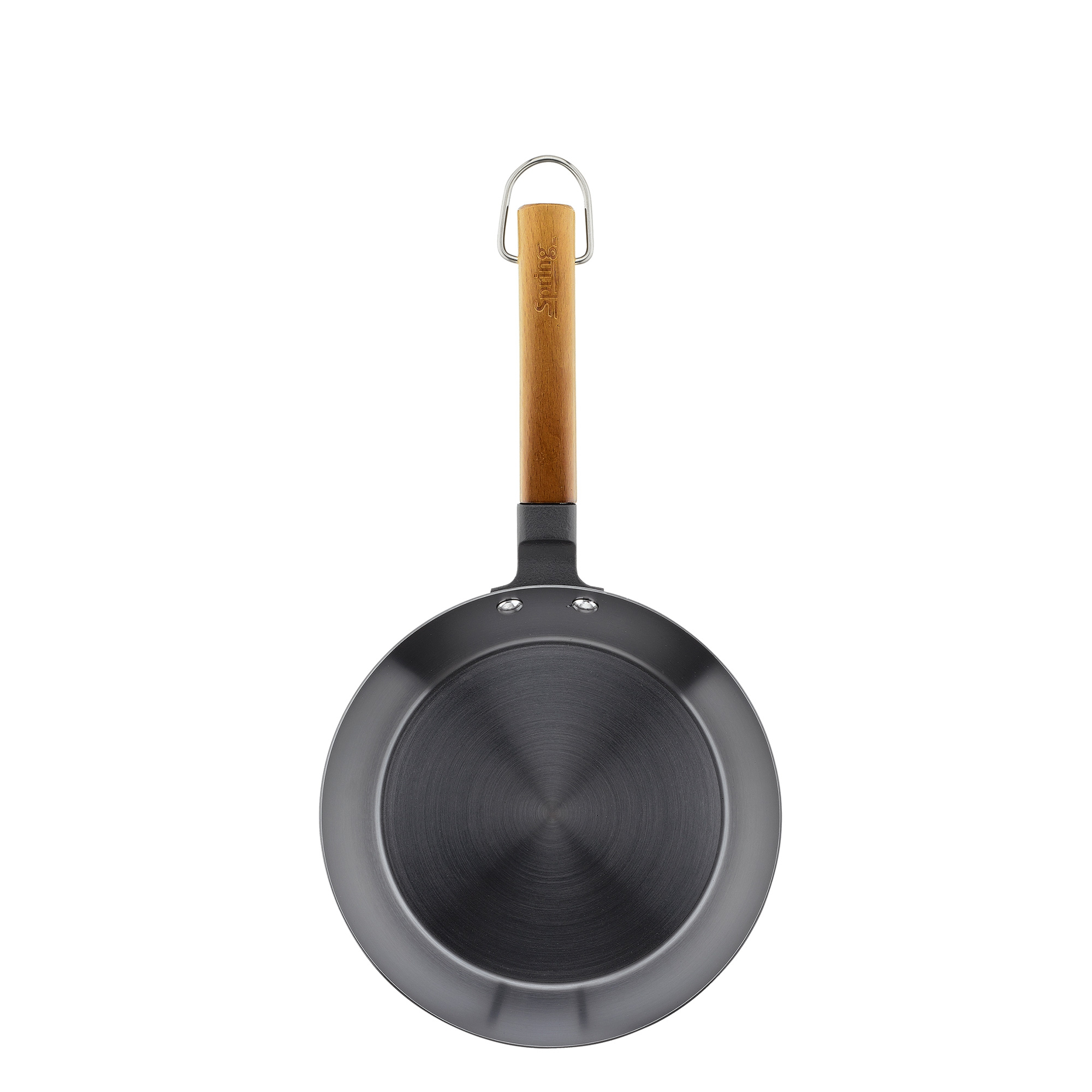 Round metal frying pan with wooden handle from above