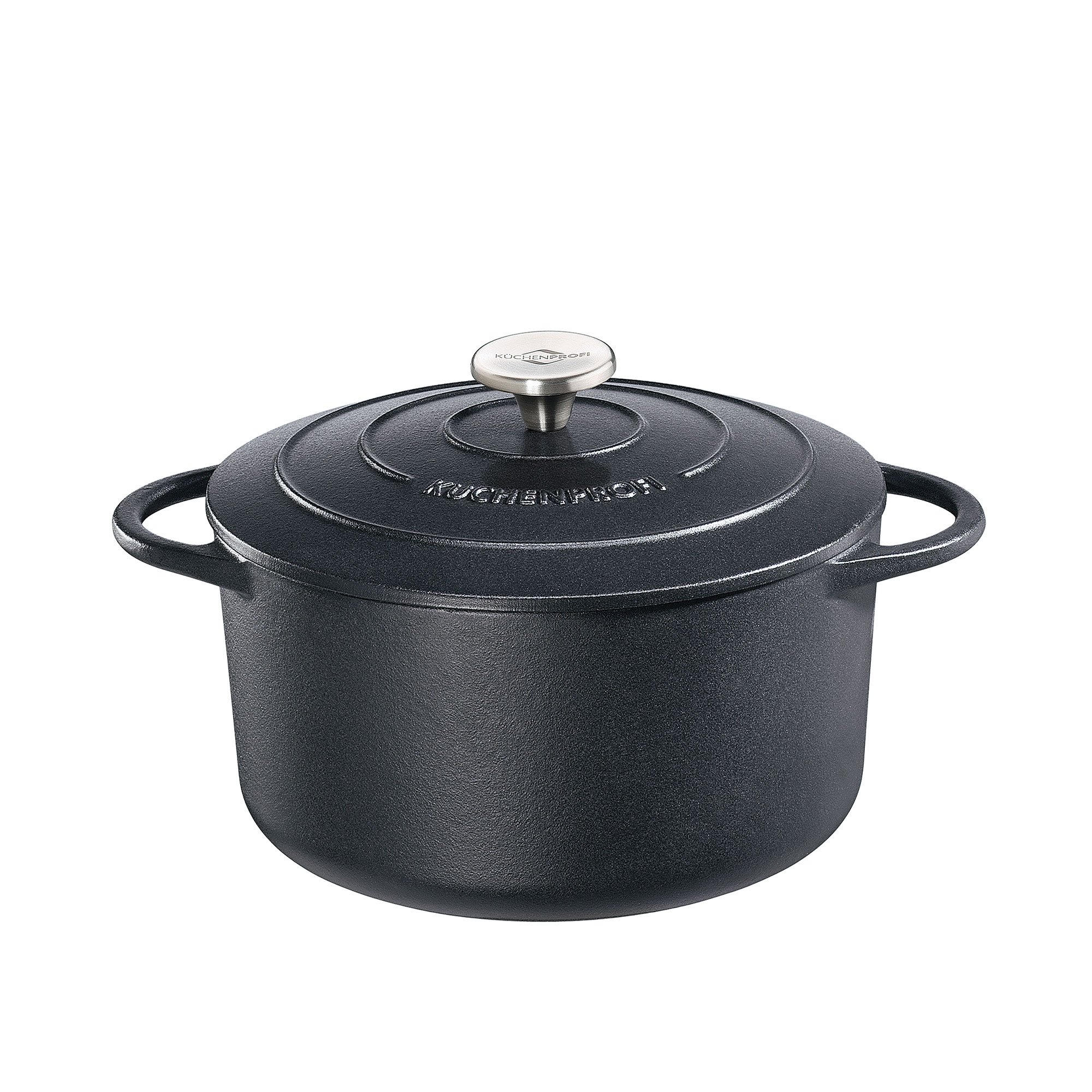 Runder schwarzer Gusseisenbräter mit Deckel und Griffen