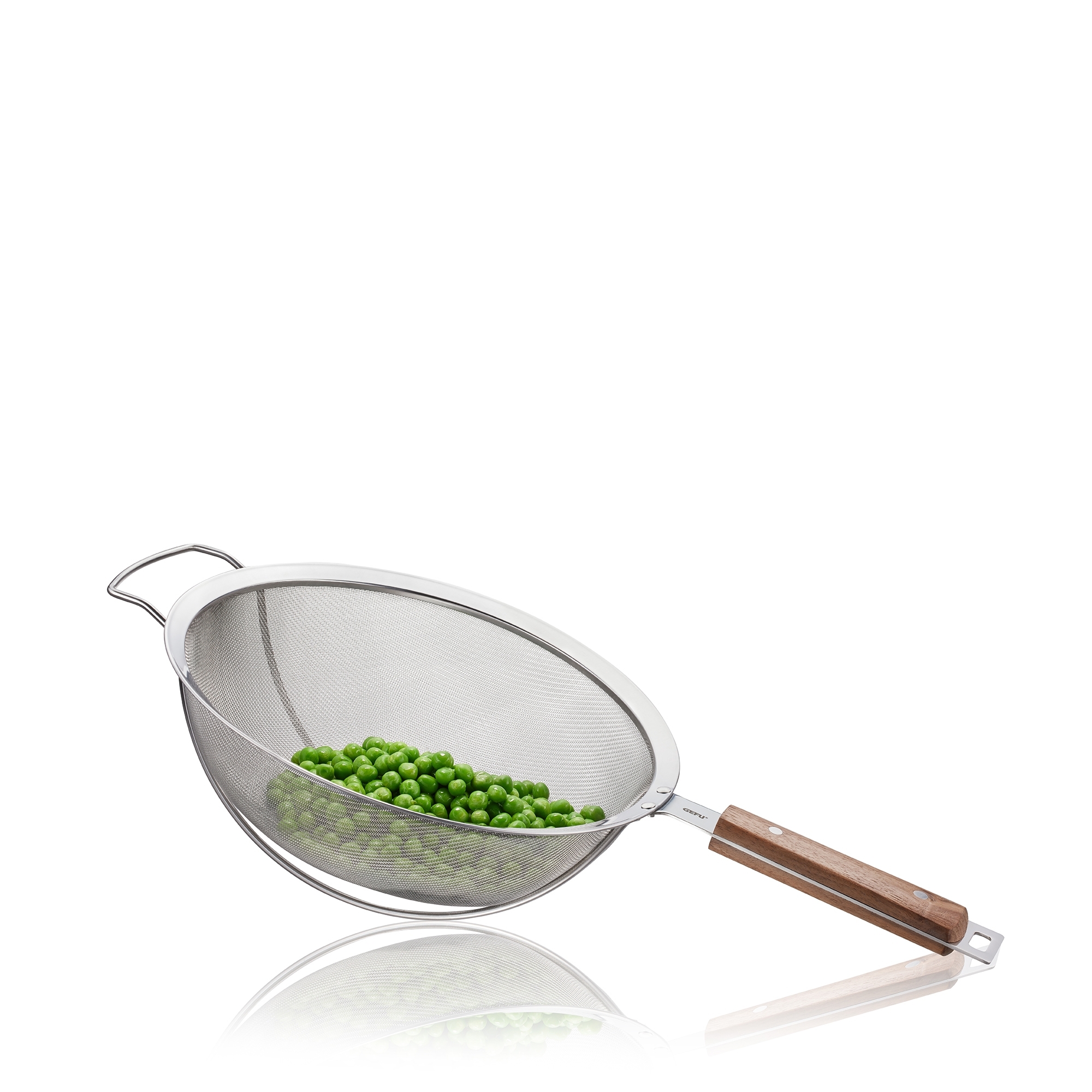 Fine stainless steel kitchen sieve with wooden handle