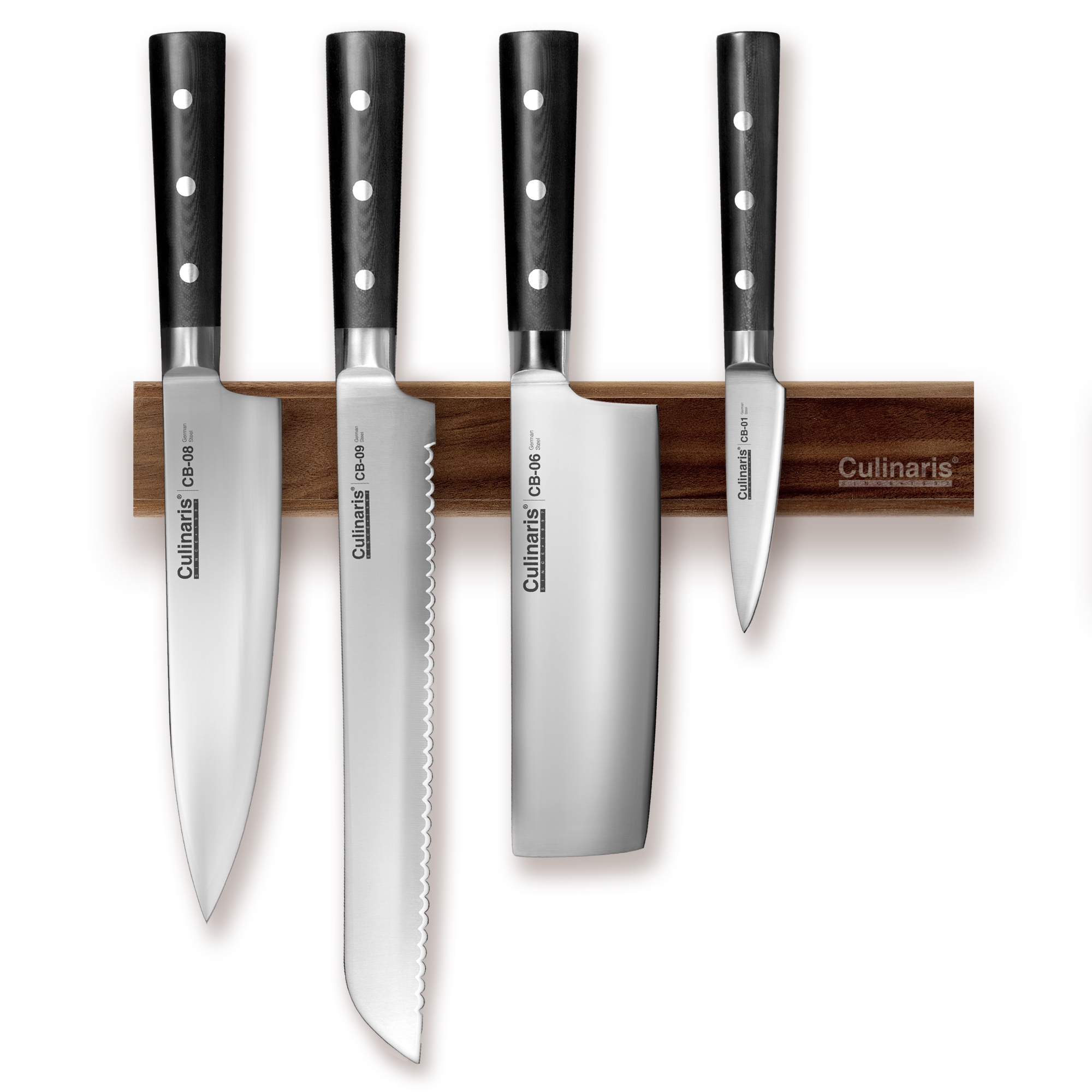Culinaris - Knife Set - Chef's Knife CB-08 + Paring Knife CB-01 + Nakiri CB-06 + Bread Knife CB-09 + Magnetic Knife Bar CB-14