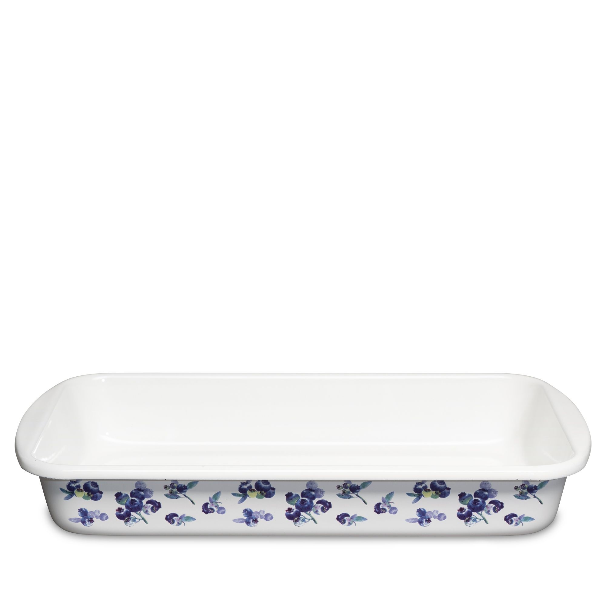 White ceramic baking dish with blue floral rim