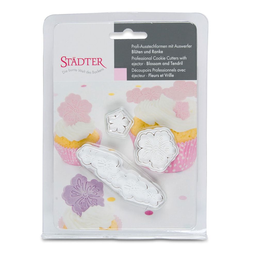 Städter - Ausstecher mit Auswerfer Blüten & Ranke - 18 / 30 / 75 mm - Set, 3-teilig Städter - Ausstecher mit Auswerfer Blüten & Ranke - 18 / 30 / 75 mm - Set, 3-teilig