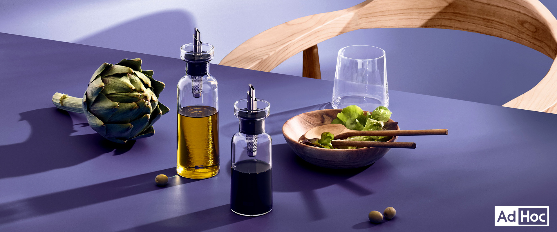 AdHoc Glasflaschen für Öl und Essig mit Salatschale