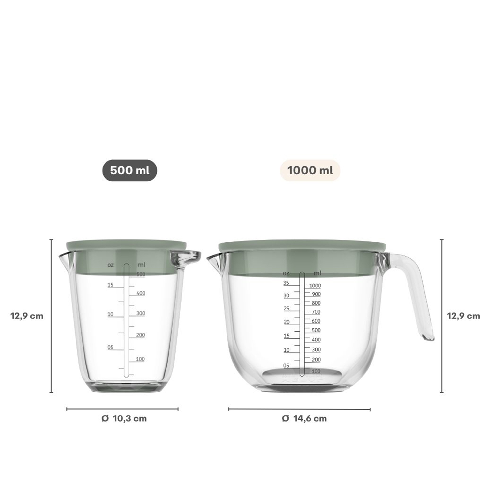 Two measuring jugs 500 ml and 1000 ml with scale
