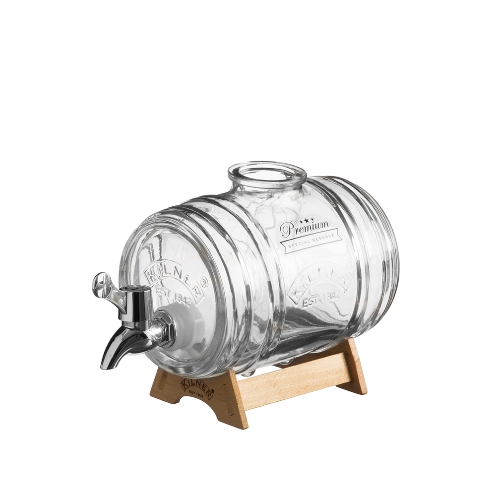 KIL Getränkespender Fass mit Zapfhahn,Messbecher und Holzständer 1,0Ll Glas/Metall/Edelstahl