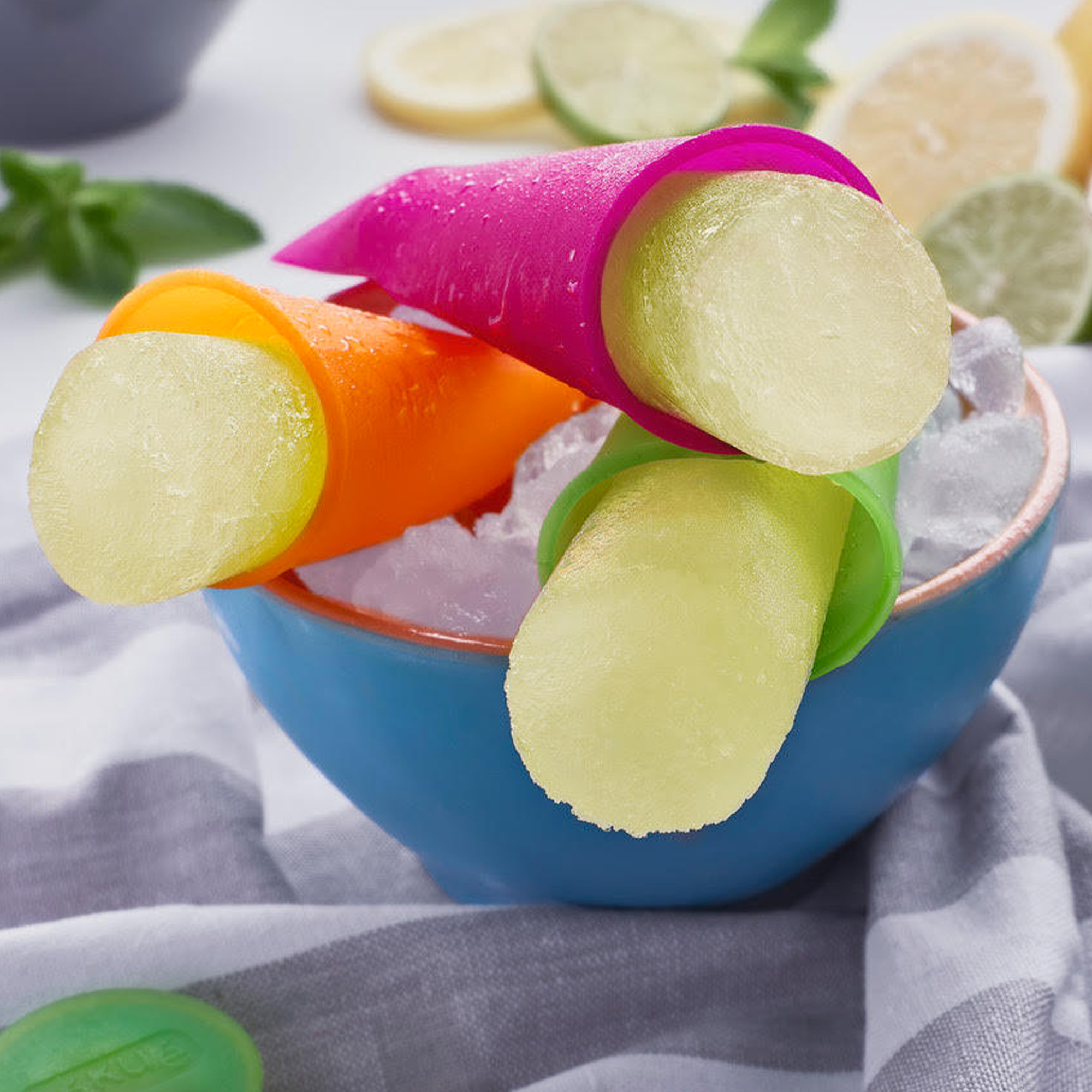 Frozen ice pops in colourful silicone moulds