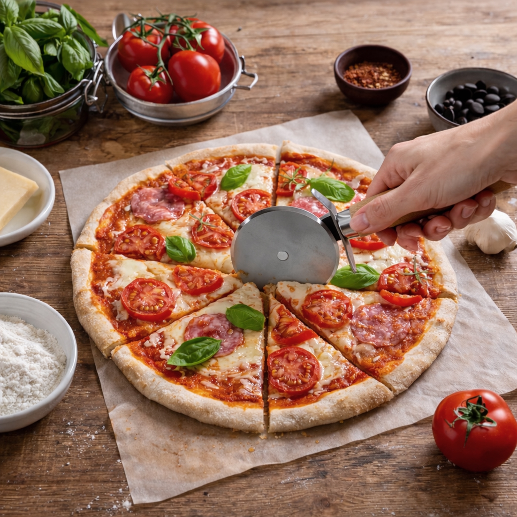 Beech wood pizza wheel by Culinaris cutting pizza
