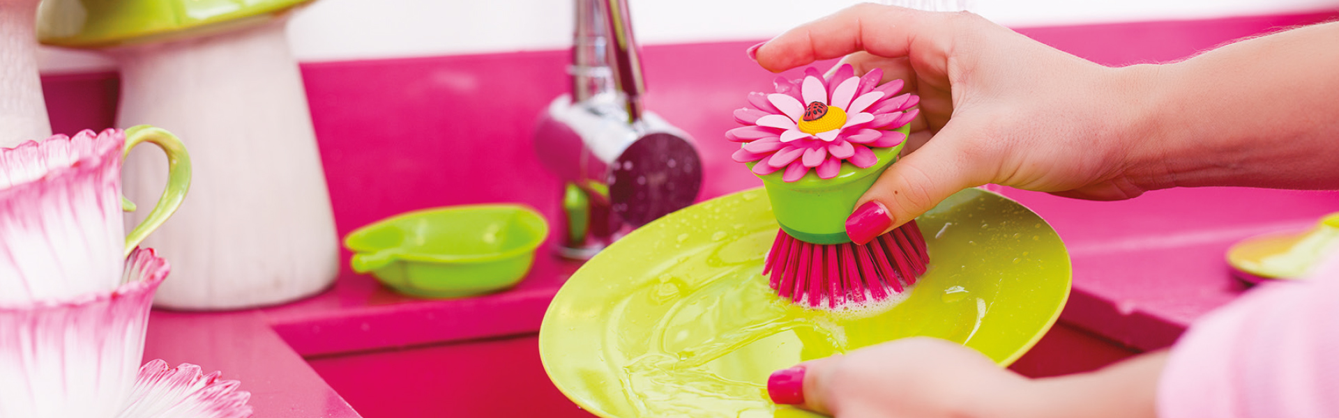 Vigar Flower Power Dish Brush With Holder Pink