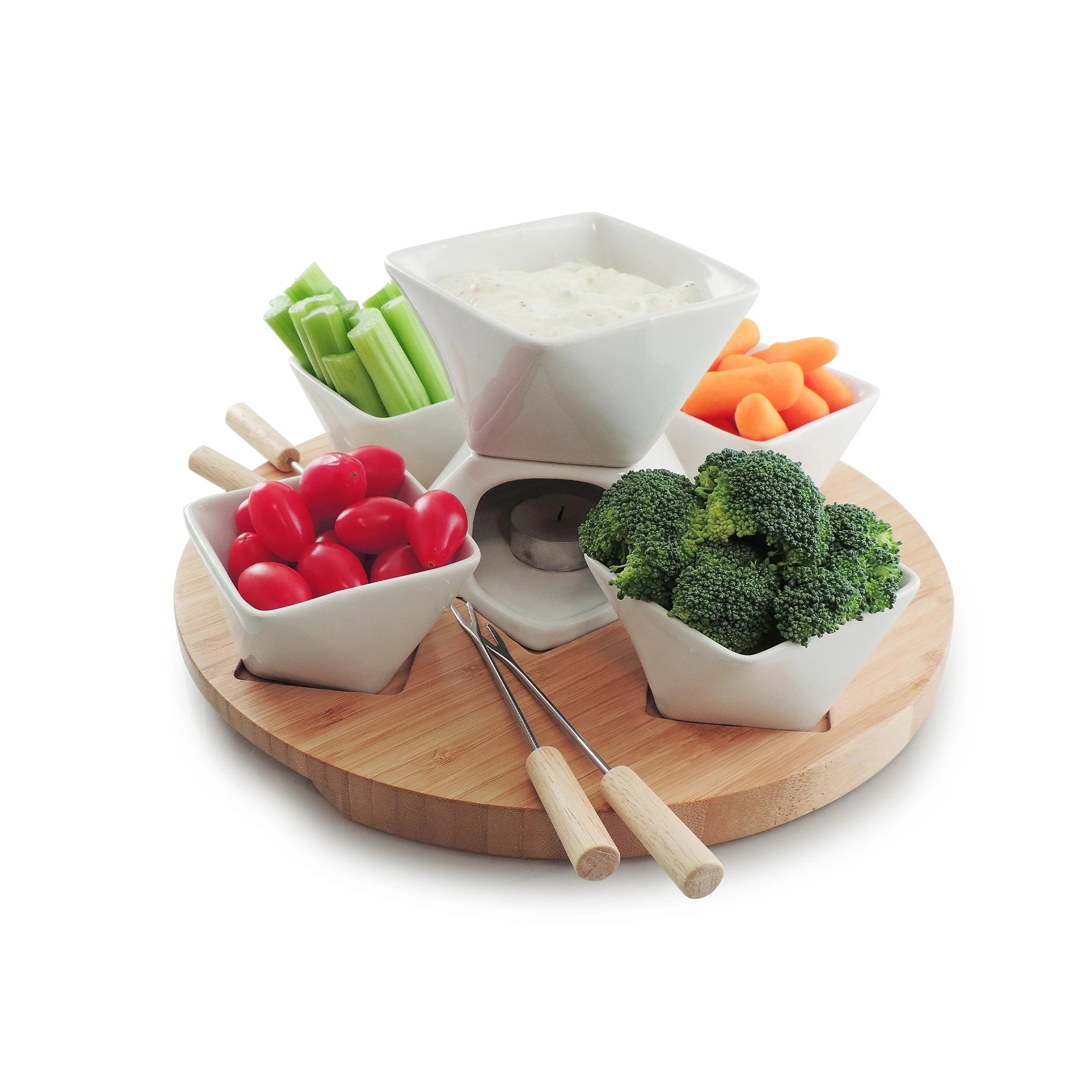 Round bamboo fondue set with bowls for veg and dip