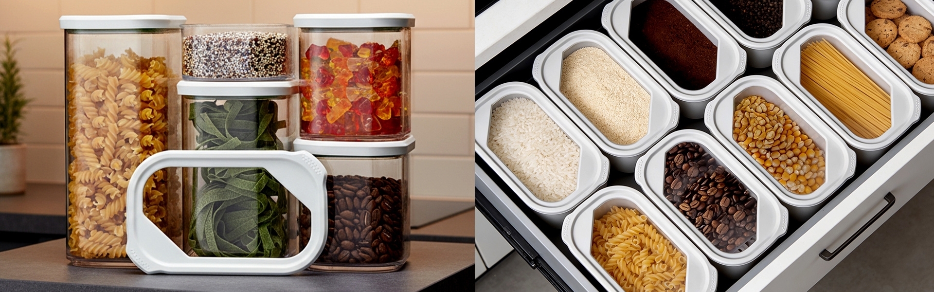 Transparente Vorratsdosen mit Pasta, Kaffee und trockenen Le
