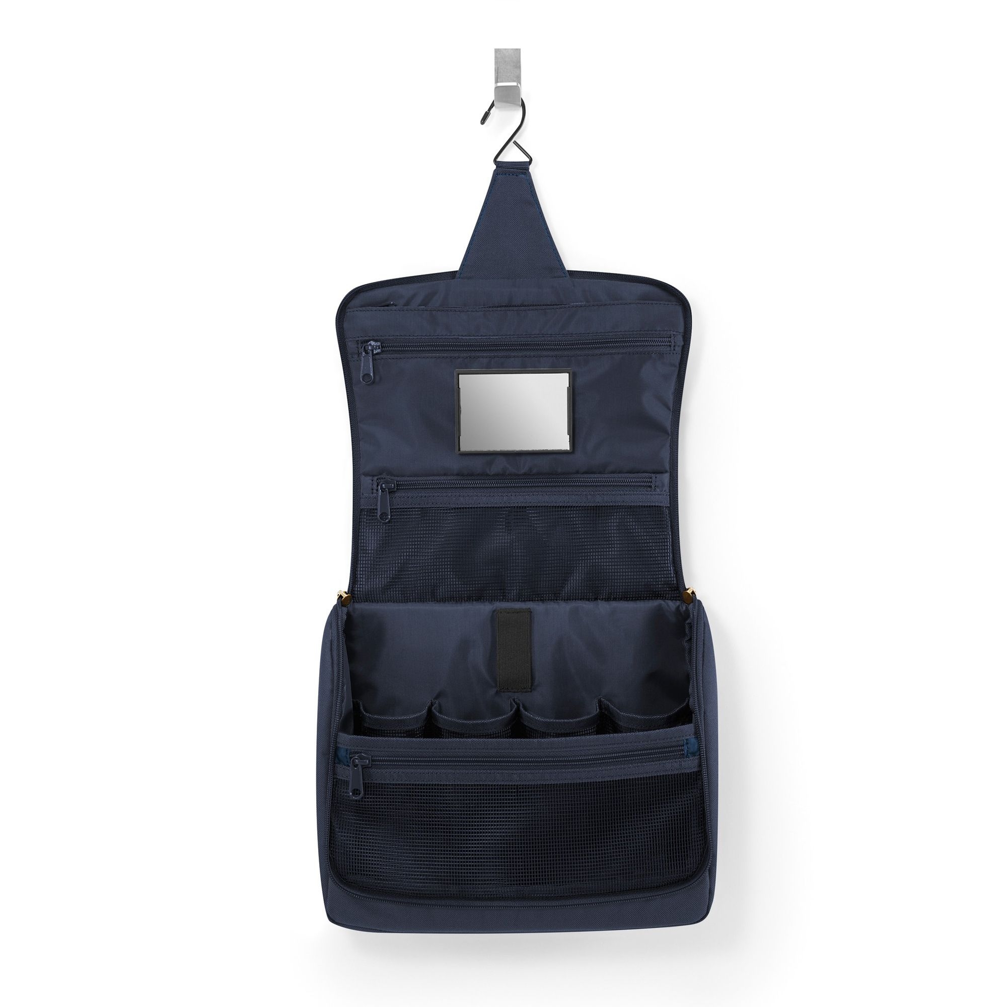 Open hanging toiletry bag with pockets and mirror