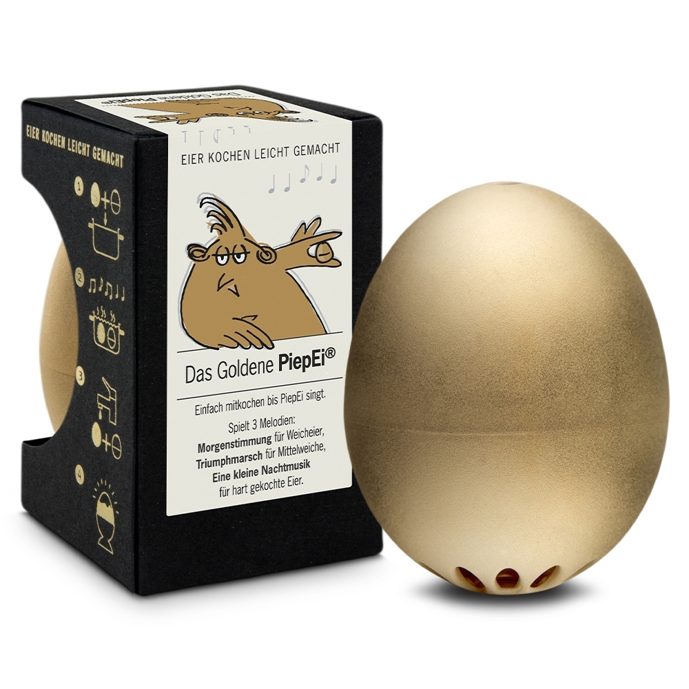 Golden PiepEi with packaging for boiling eggs