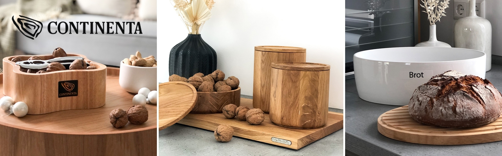 Continenta wooden bowls and bread bin with nuts and loaf