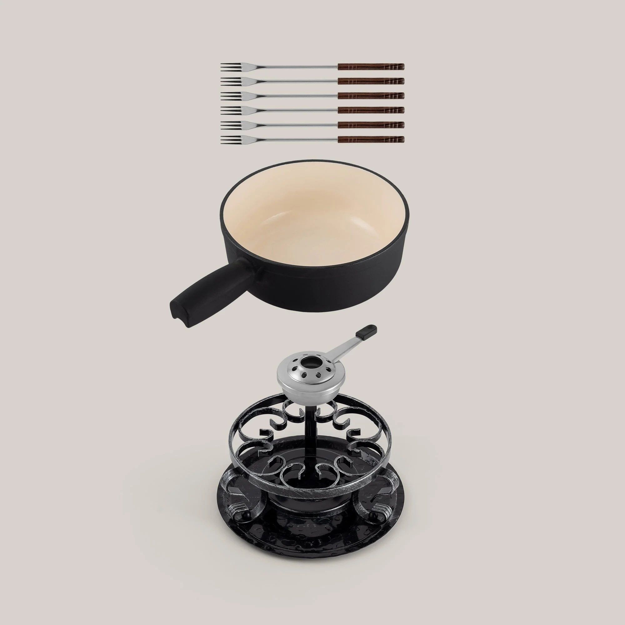 Black fondue set with pot, stand and 6 forks
