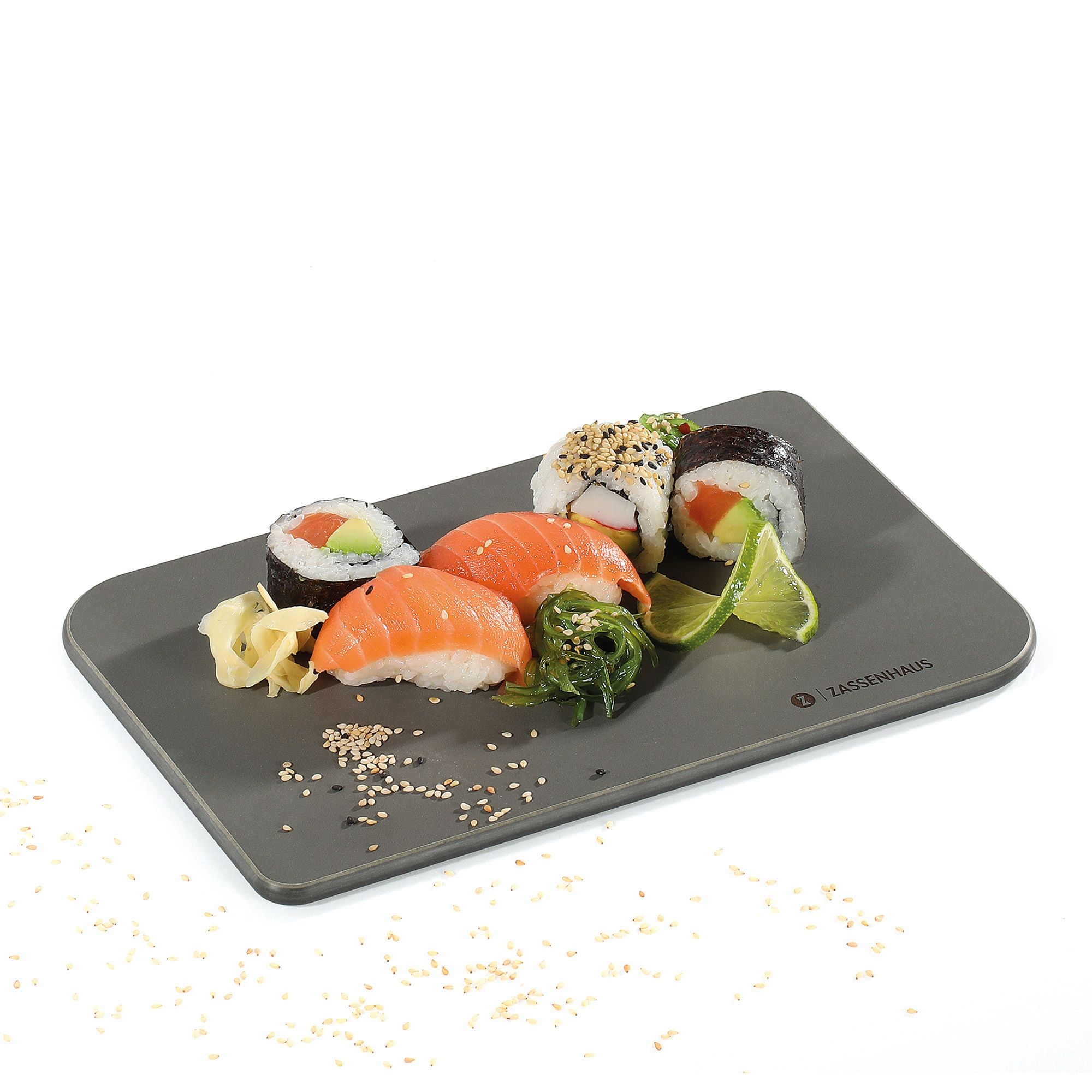 Rectangular Zassenhaus serving plate with sushi