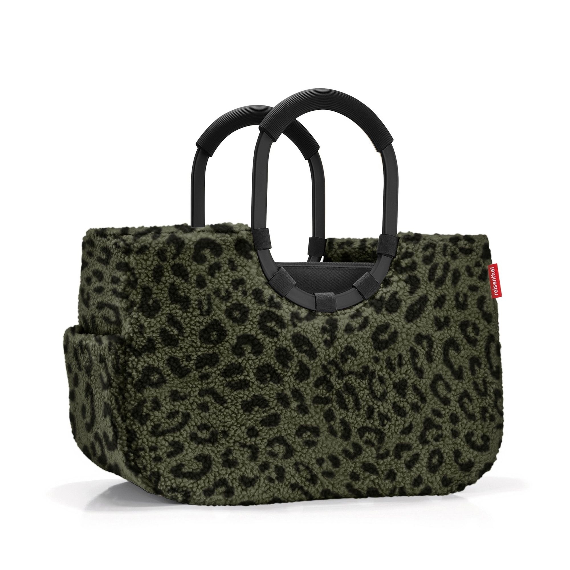Green teddy shopper bag with animal pattern and black handle